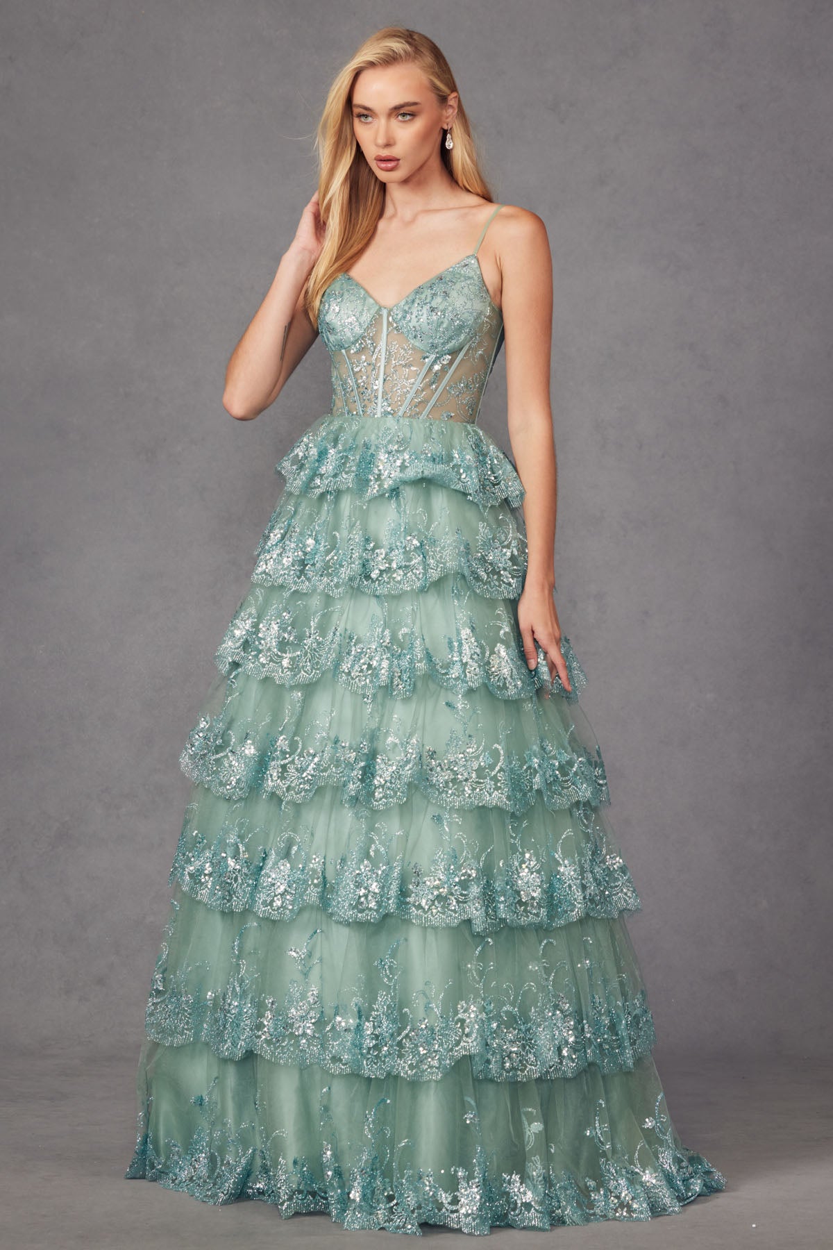 Prom Dresses Ruffle Skirt Corset Bodice Long Formal Prom Gown Sea Green