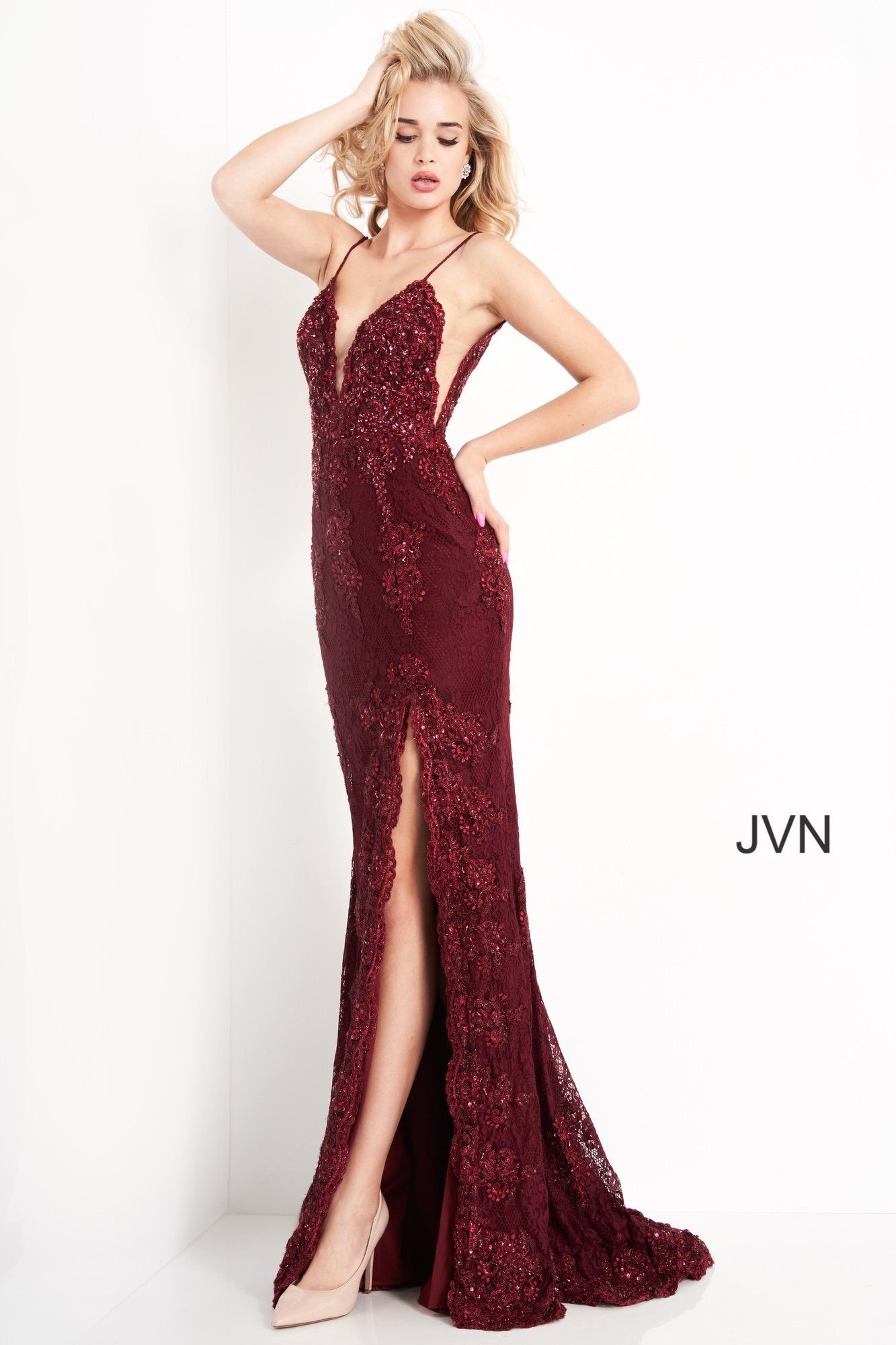 Prom Dresses Beaded Long Slit Formal Prom Dress Burgundy