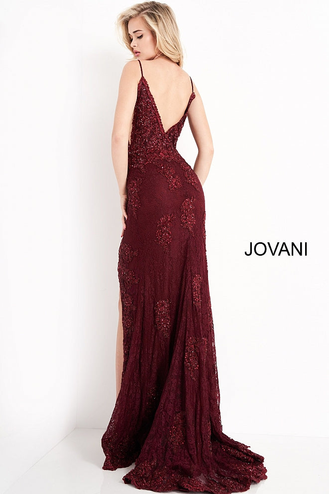 Prom Dresses Beaded Long Slit Formal Prom Dress Burgundy