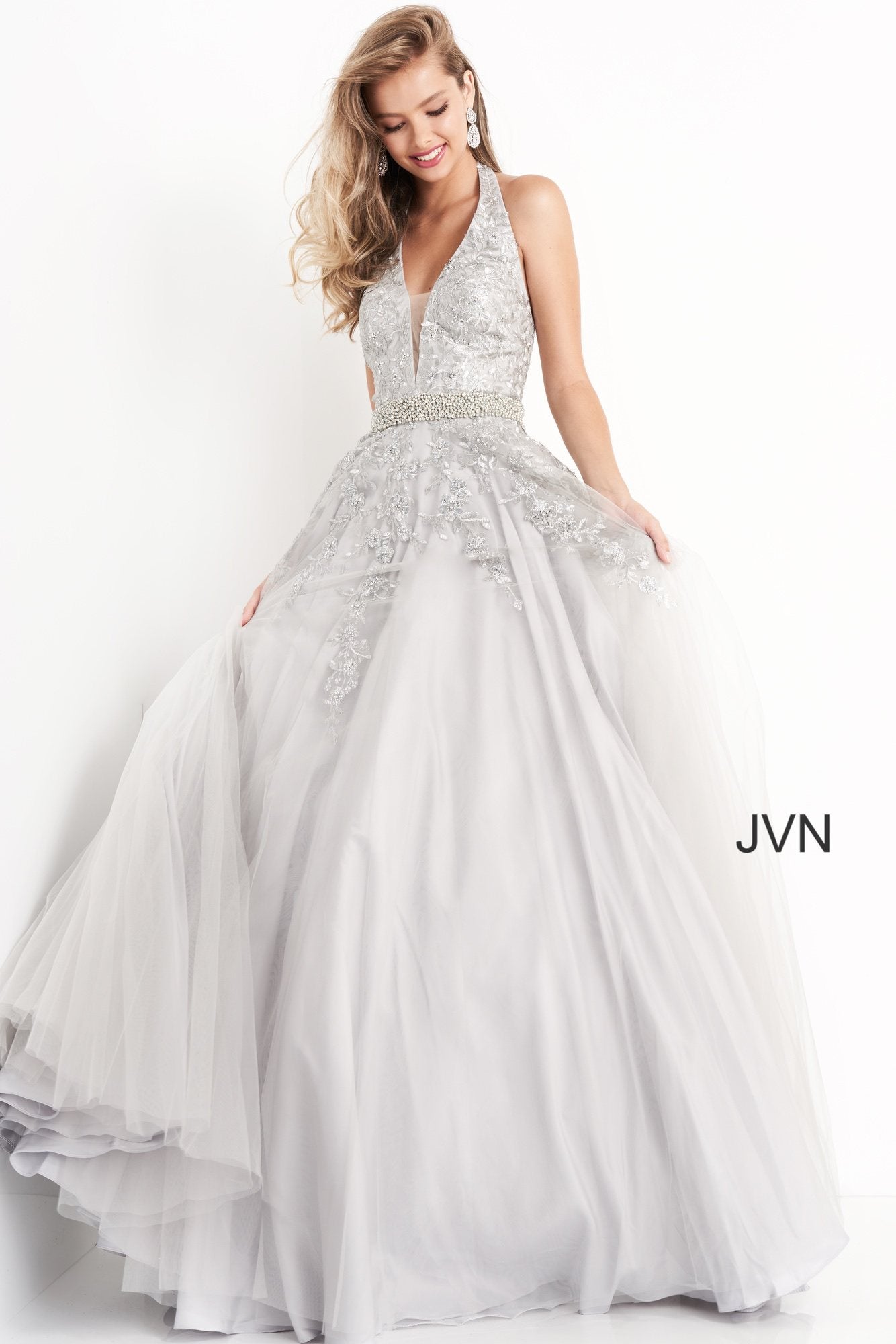 Prom Dresses Beaded A Line Long Formal Floral Prom Dress Silver