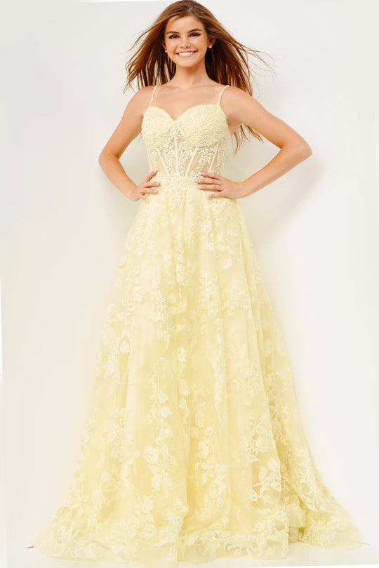 Prom Dresses A Line Formal Long Prom Floral Lace Dress Light Yellow