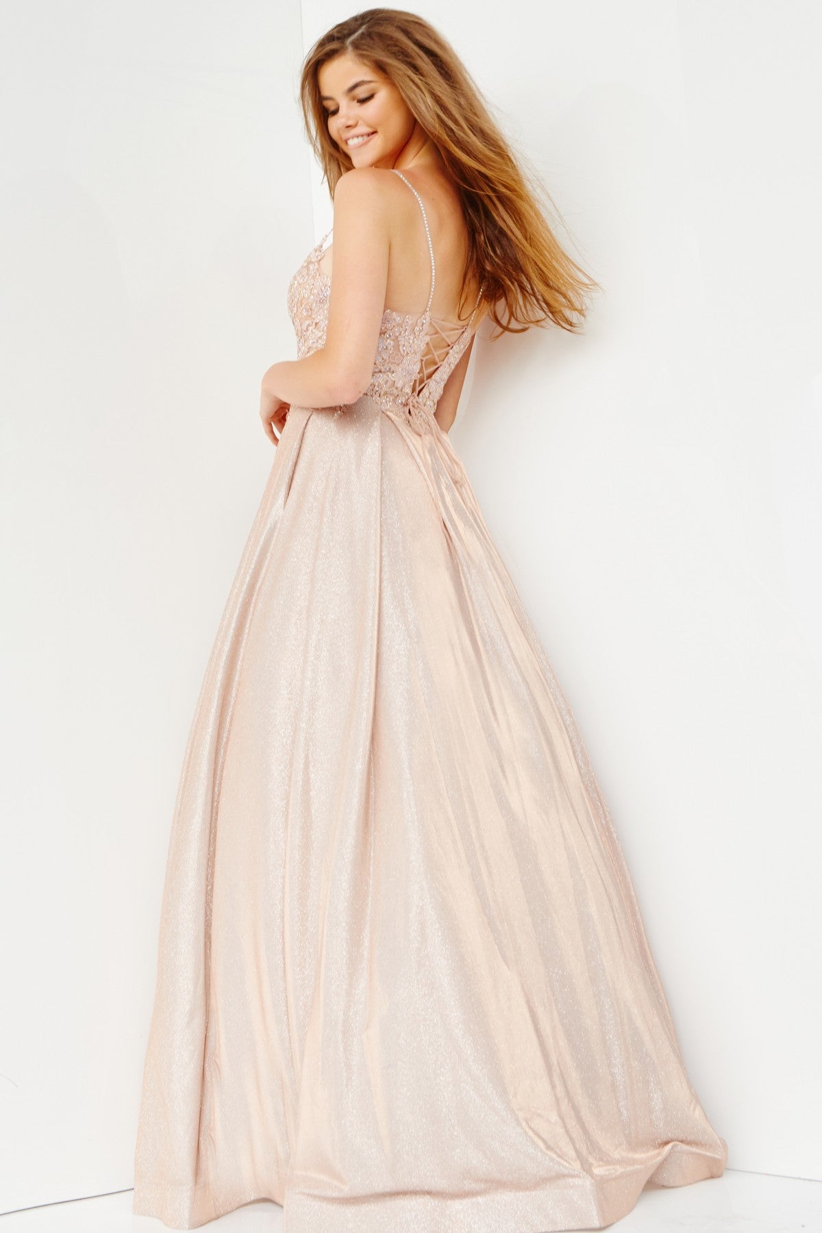 Prom Dresses Long Ball Gown Pleated Formal Floral Prom Dress Nude