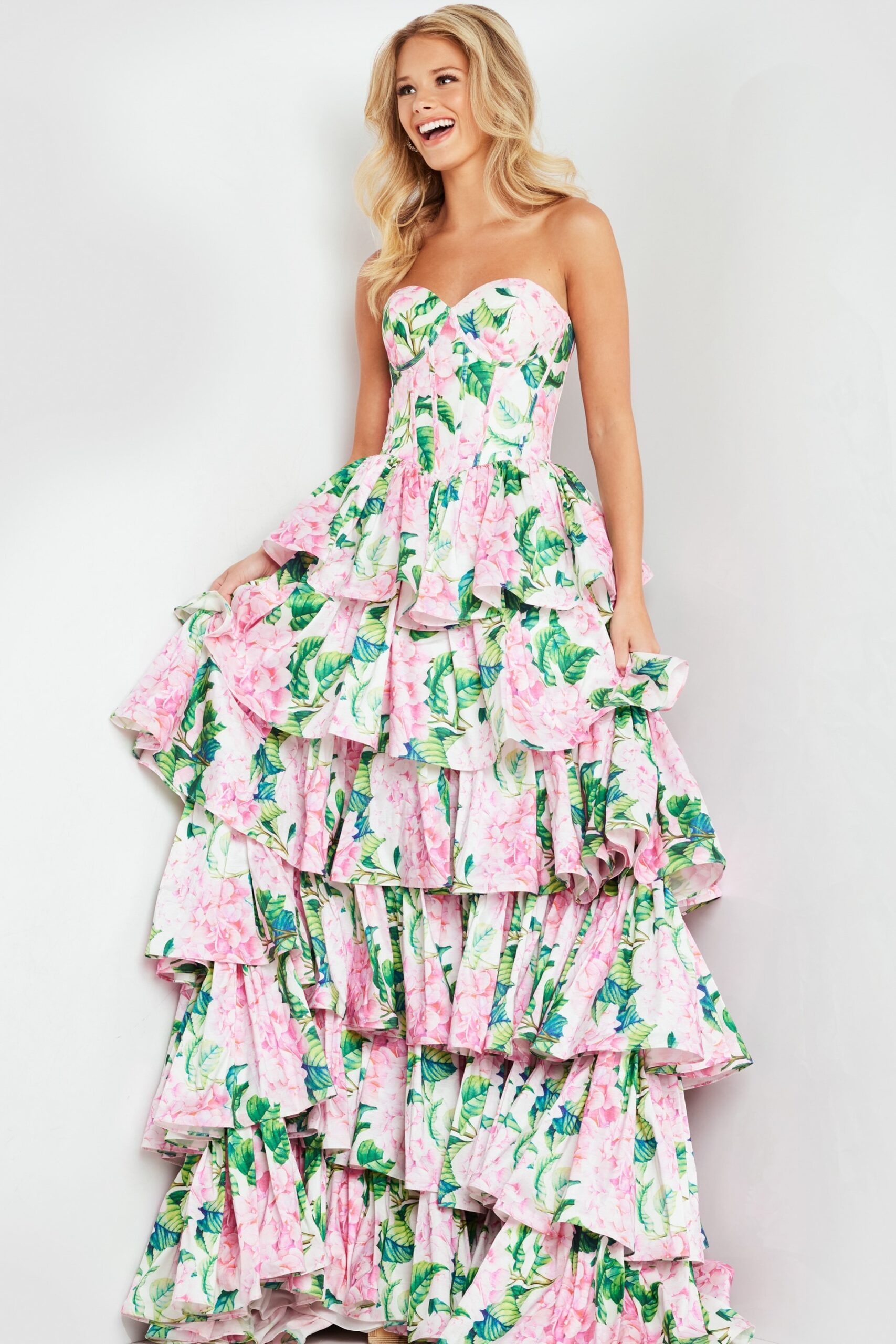 Prom Dresses Formal Long Ball Gown Floral Print Prom Dress Yellow