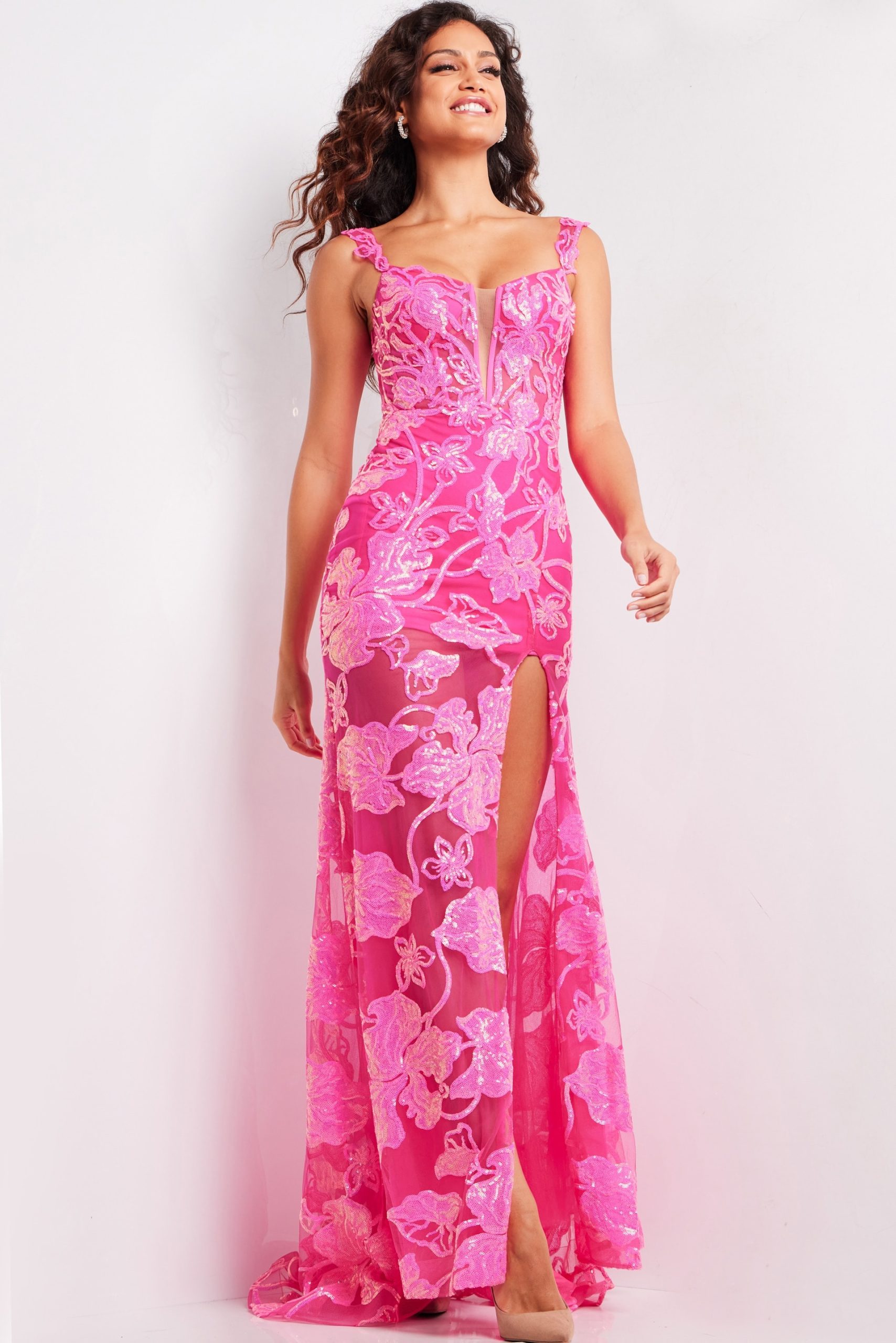 Prom Dresses Long Formal Mermaid Sequin Floral Prom Dress Hot Pink