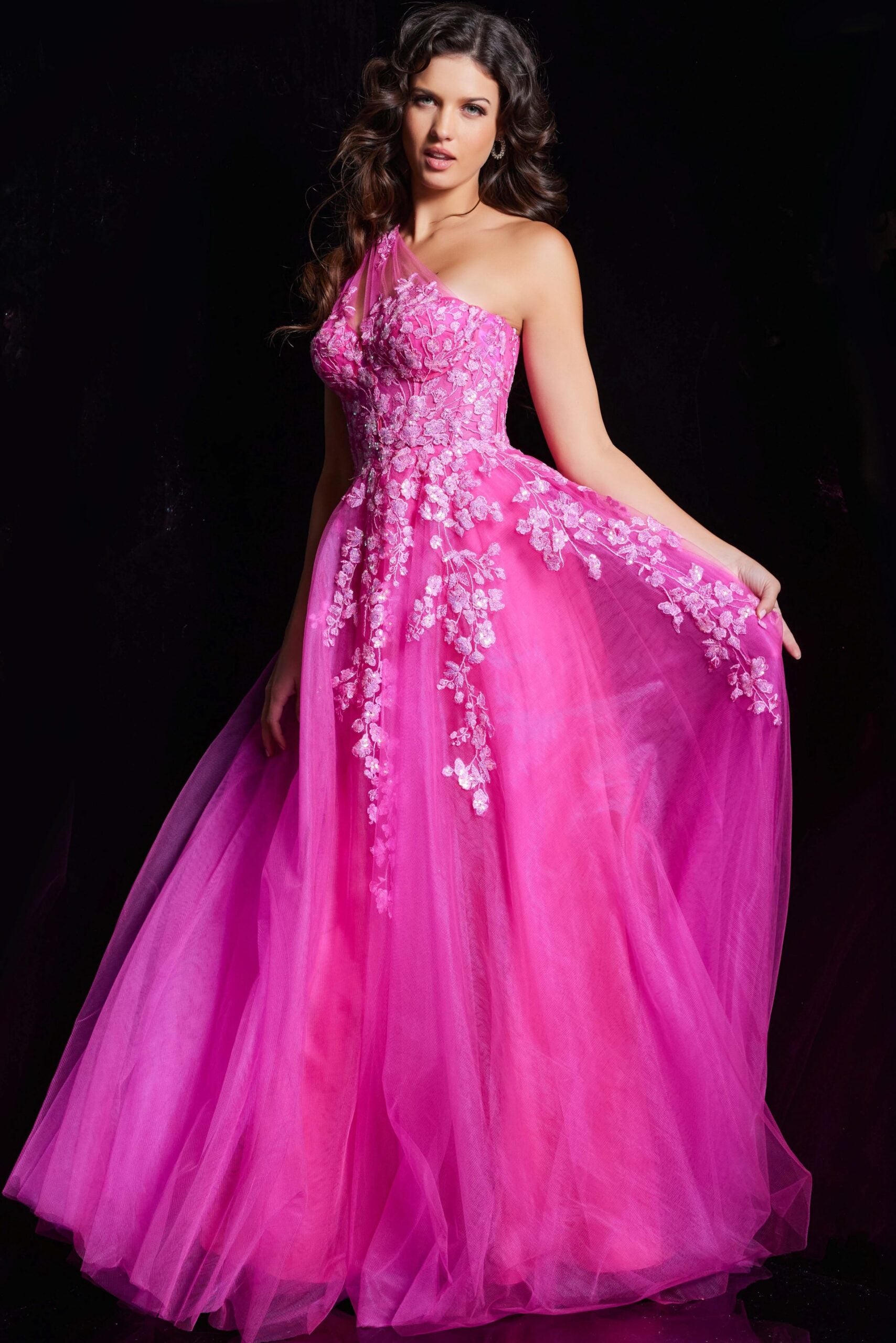 Prom Dresses Floral A Line Long Formal Beaded Evening Prom Dress Fuchsia