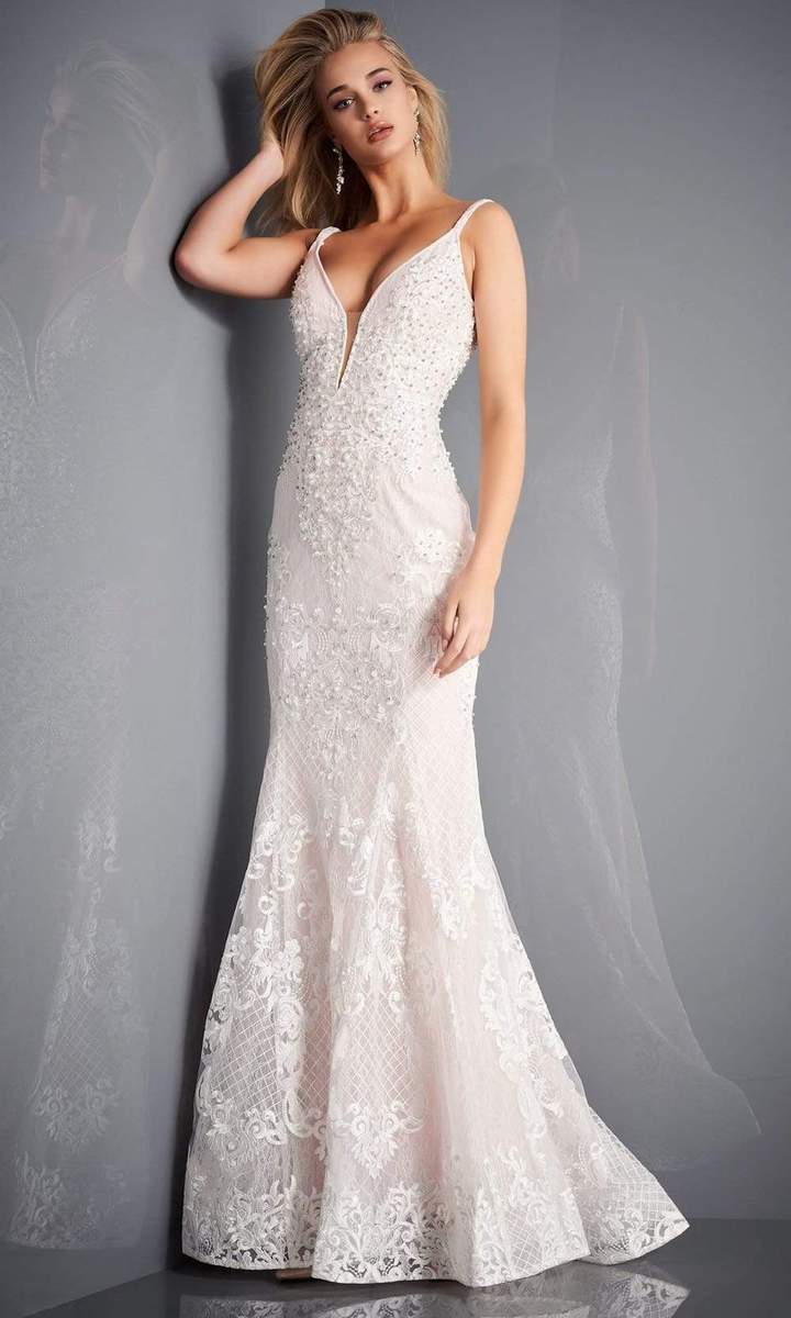 Formal Dresses Beaded Long Formal Lace Fitted Mermaid Evening Dress Off White