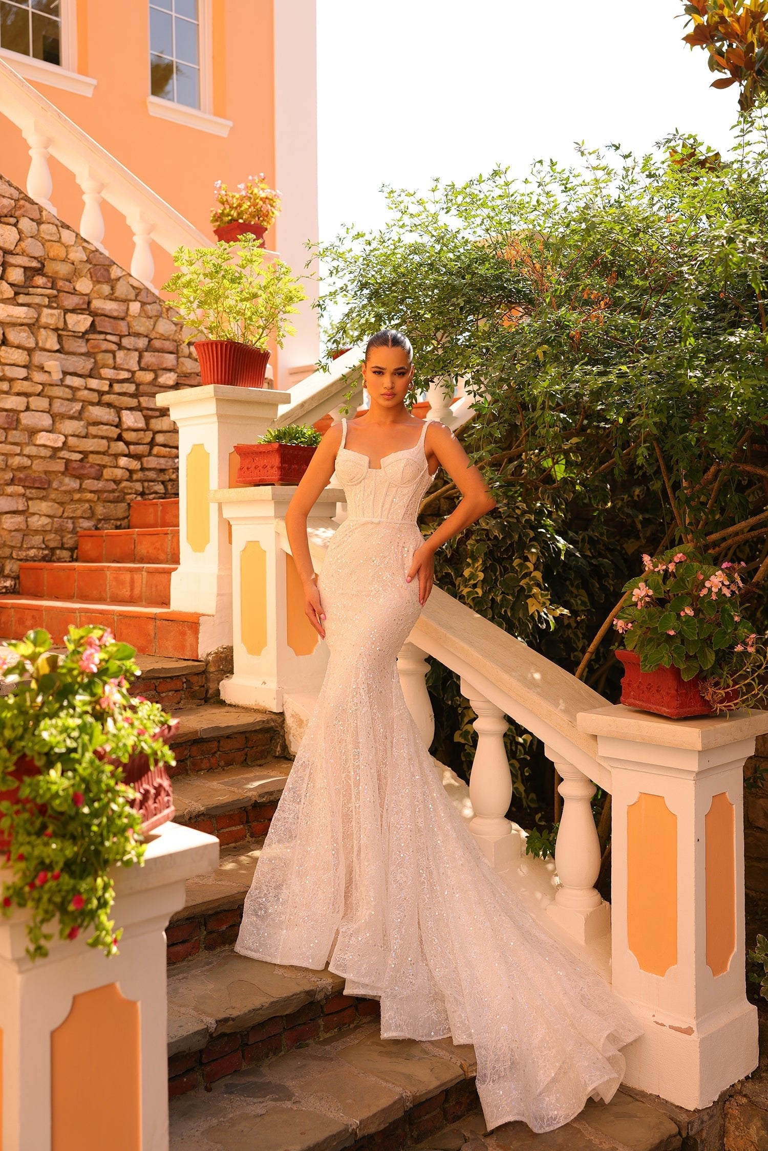 Wedding Dresses Long Corset Beaded Lace Applique Wedding Dress Amarra 88201 Ivory/Ivory