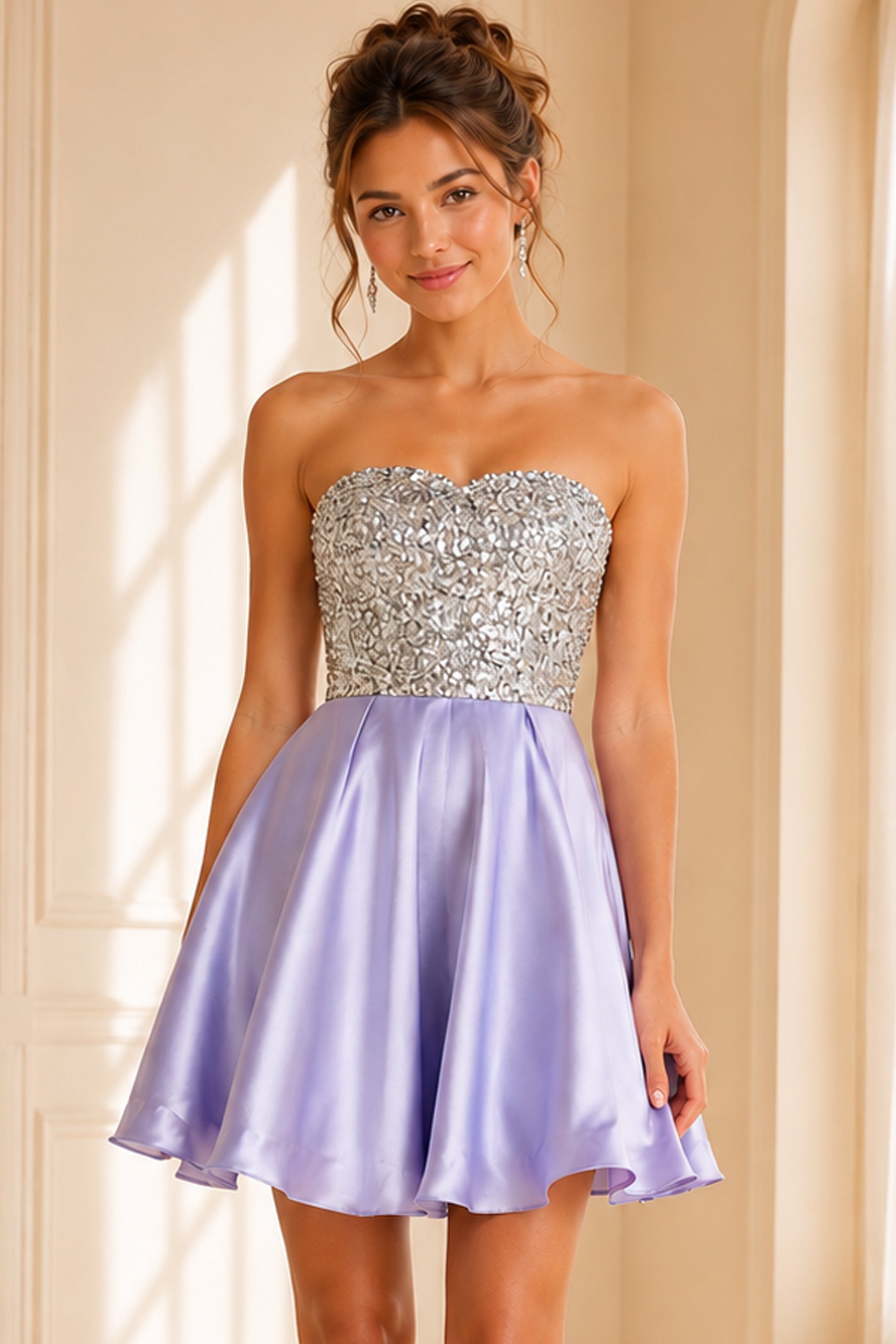 Cocktail Dresses Prom Short Pleated Sequin Homecoming Girls Dresses Lavender