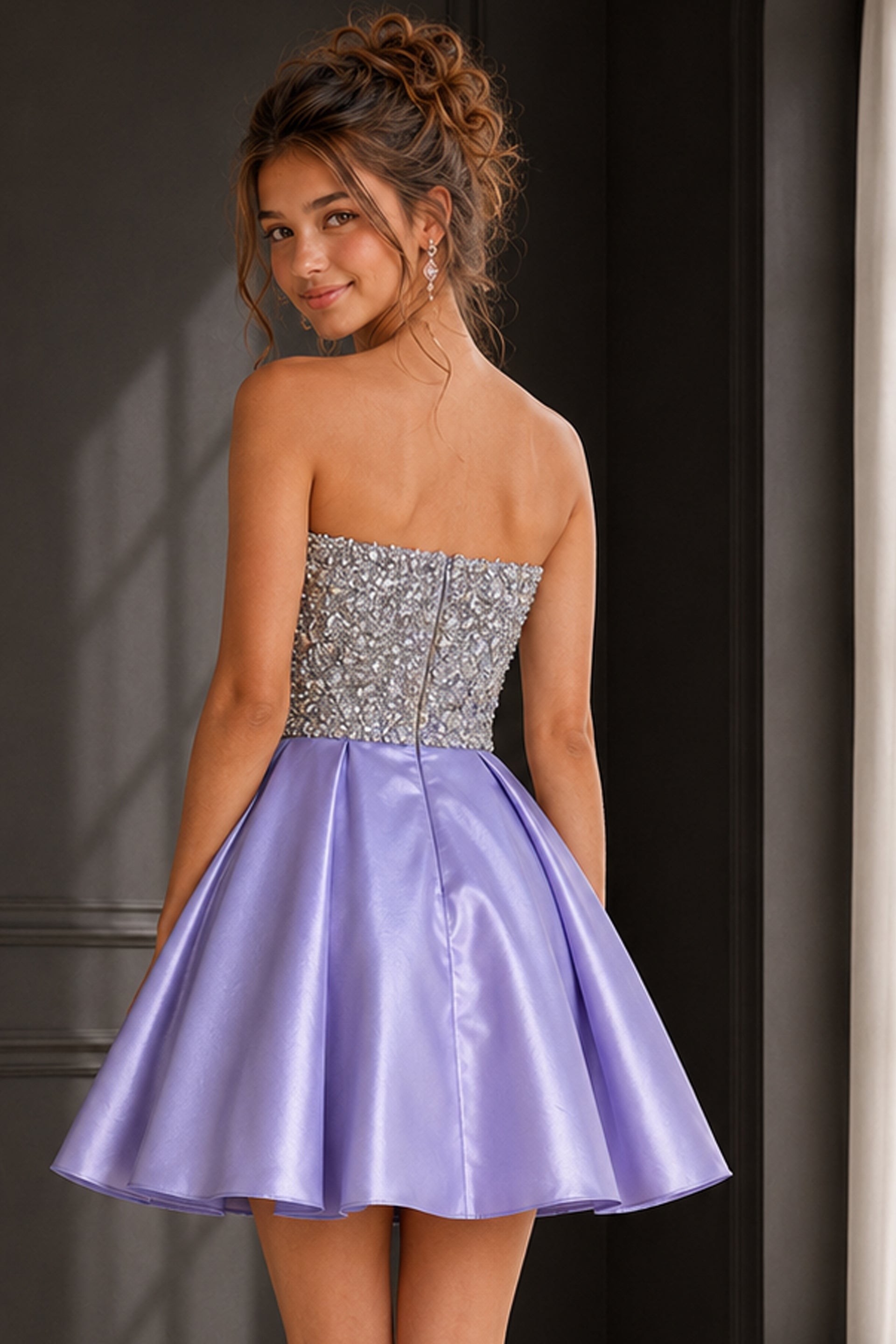 Cocktail Dresses Prom Short Pleated Sequin Homecoming Girls Dresses Lavender