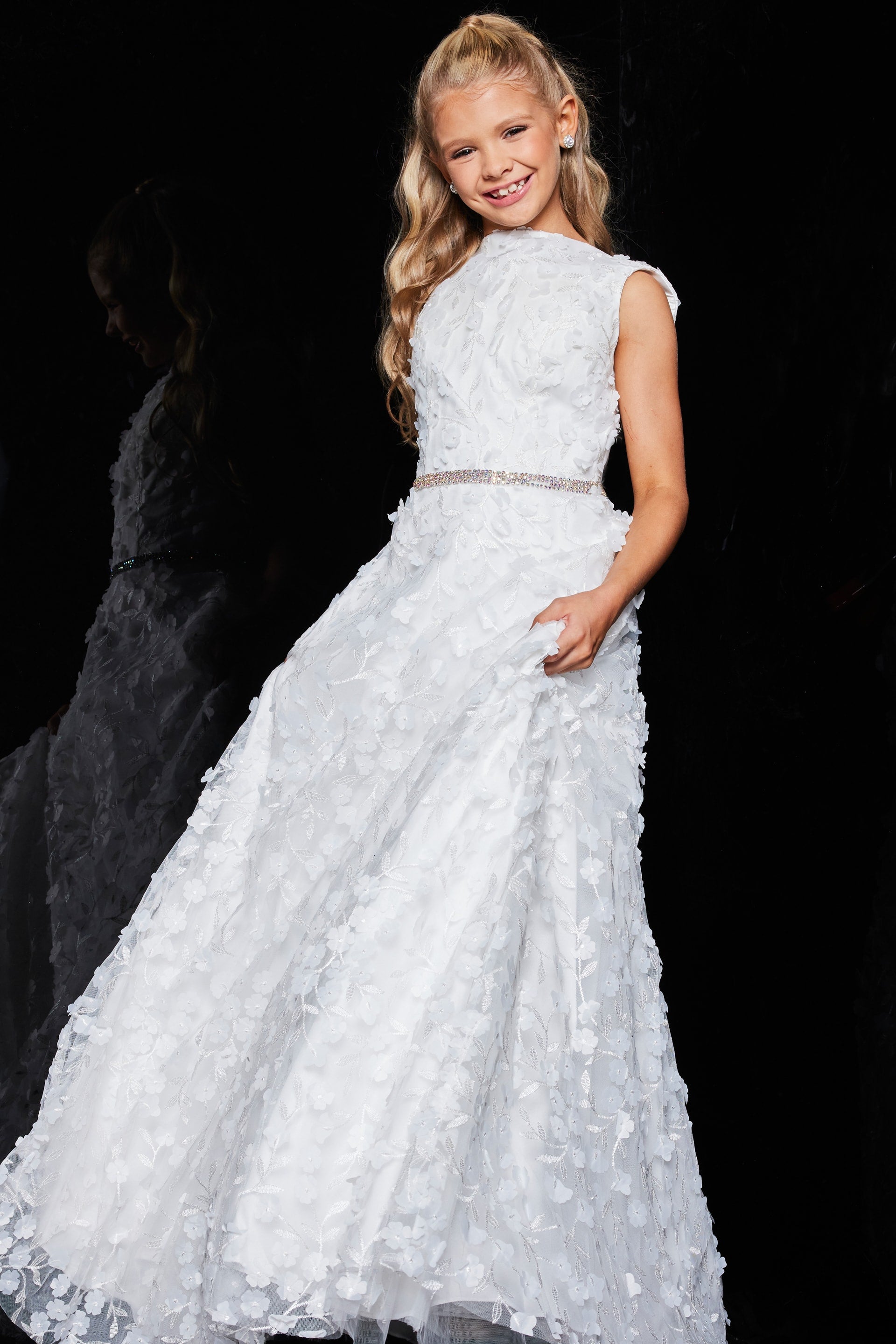 Bateau Floor-Length Lace Flower Girl A-Line Gown Jovani K07245