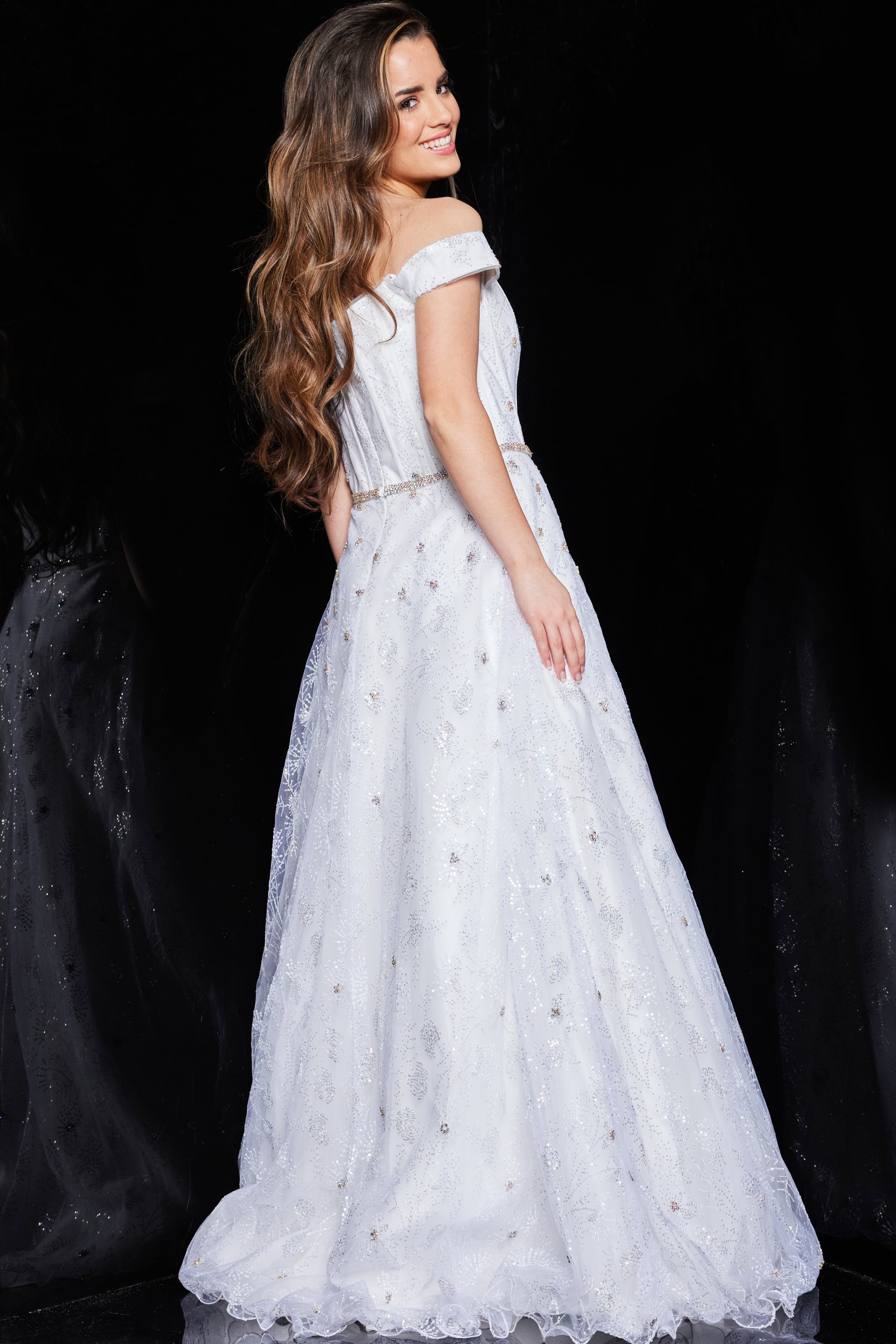 Off-the-Shoulder Floor-Length Tulle Prom A-Line Jovani K07282