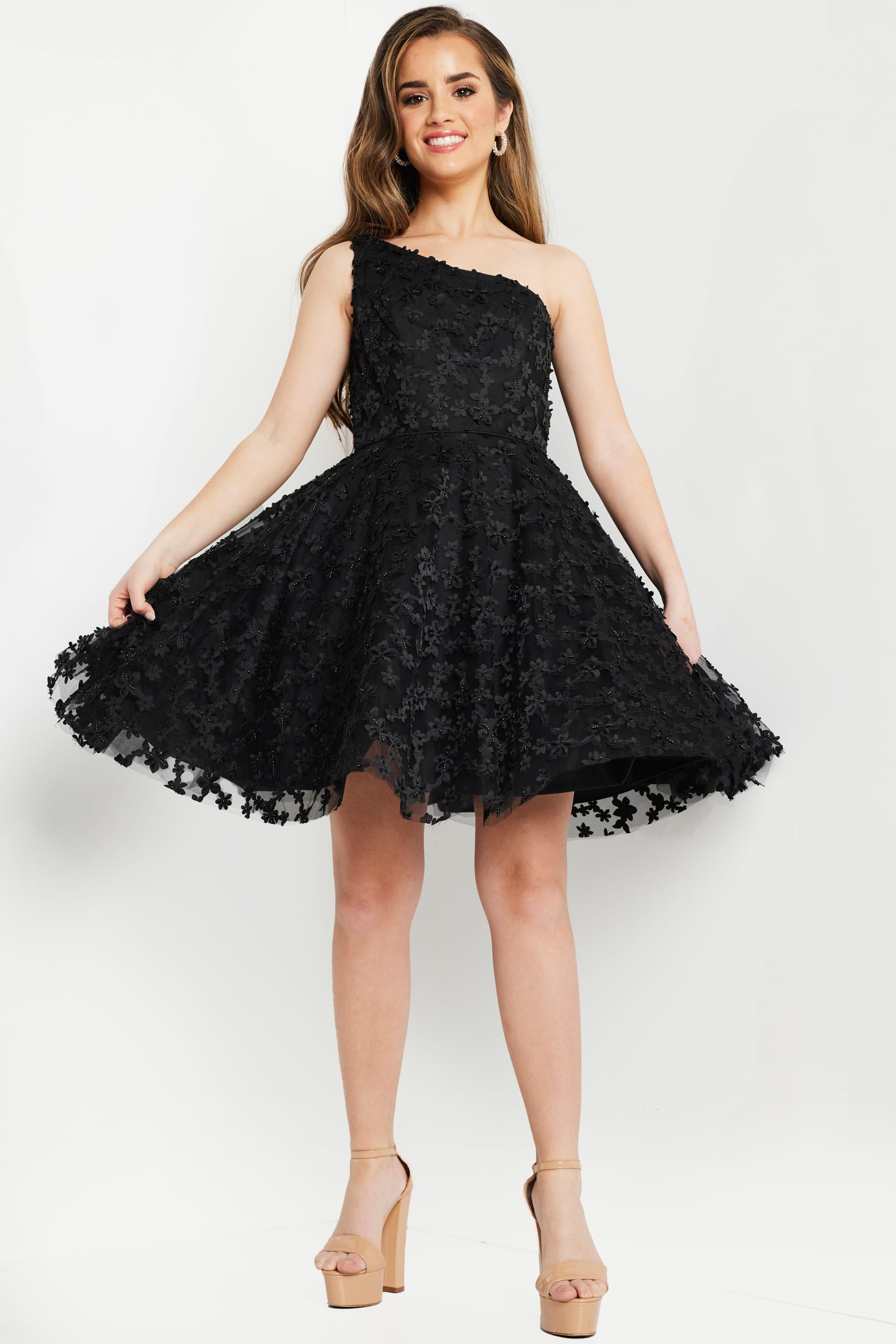 Black One-Shoulder Short Tulle Cocktail Floral Appliqué Dress Jovani K23516