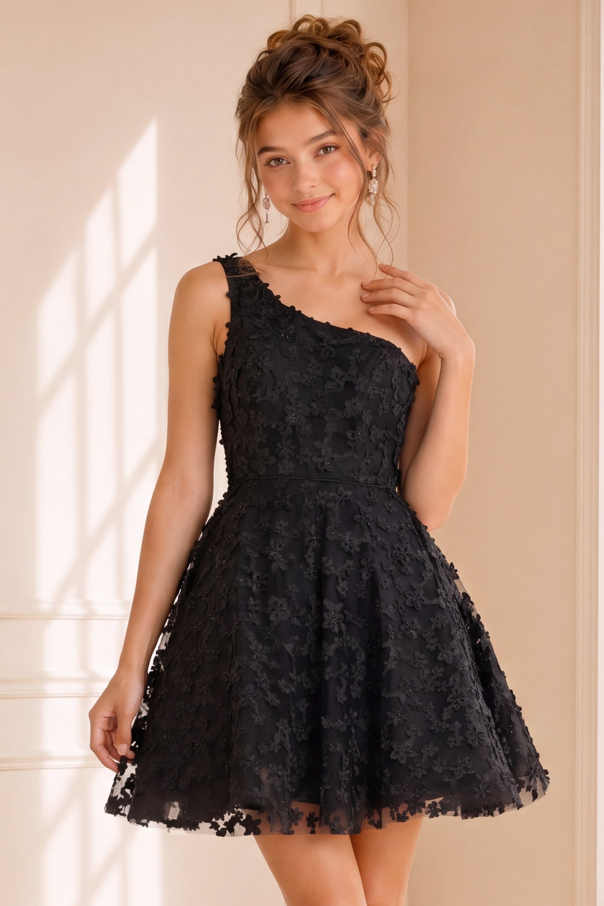 Black One-Shoulder Short Tulle Cocktail Floral Appliqué Dress Jovani K23516