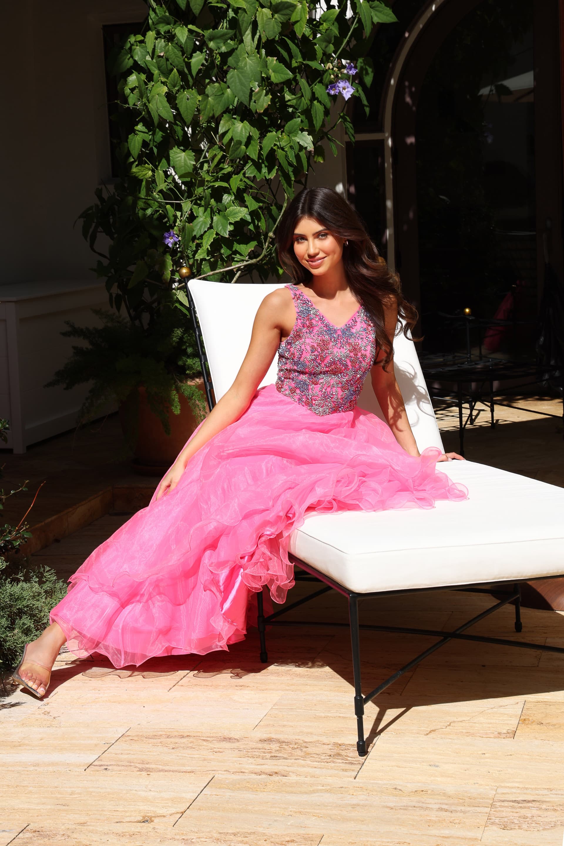 Hot Pink High Illusion Neck Floor-Length Organza Prom A-Line Gown Jovani K39018