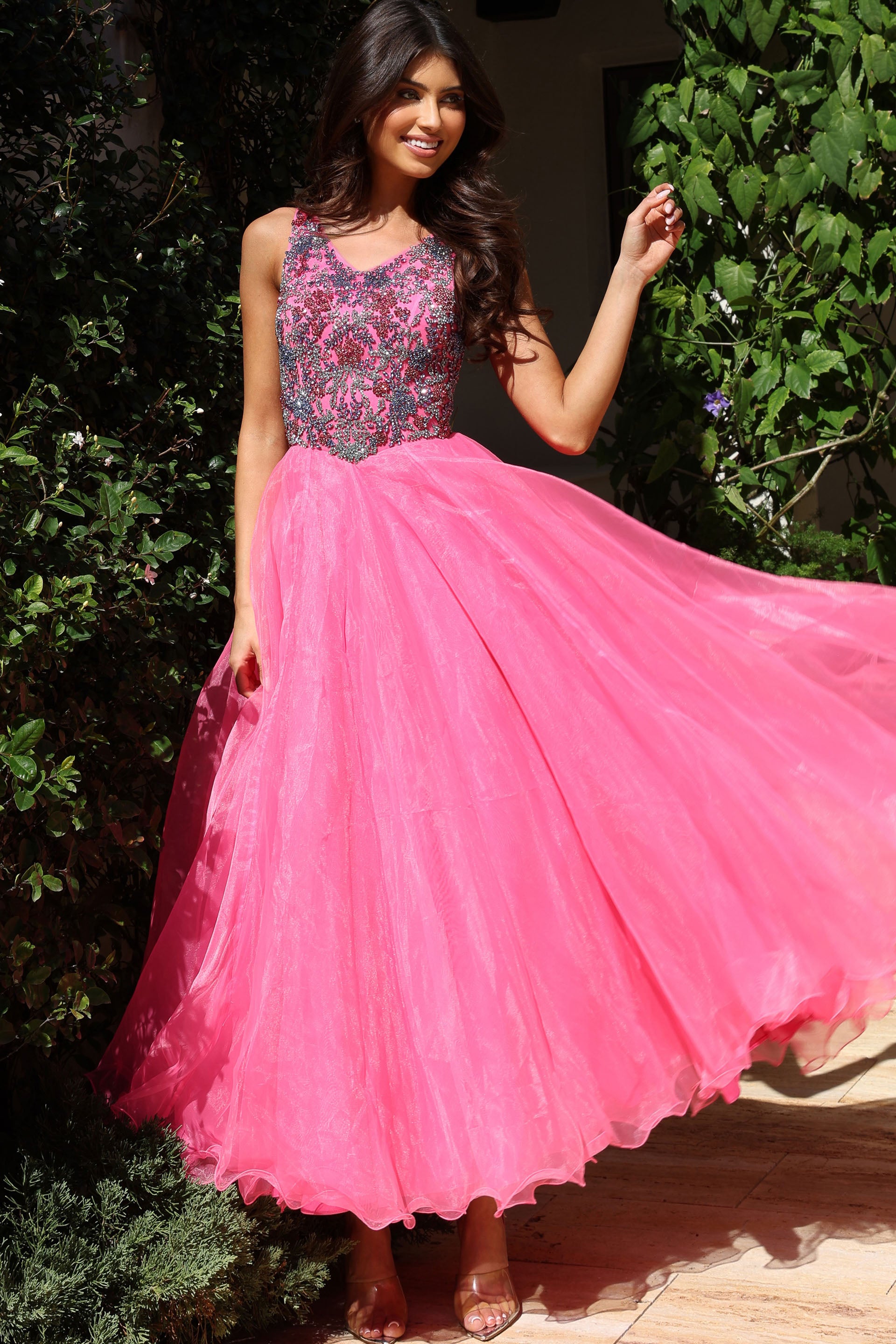Hot Pink High Illusion Neck Floor-Length Organza Prom A-Line Gown Jovani K39018