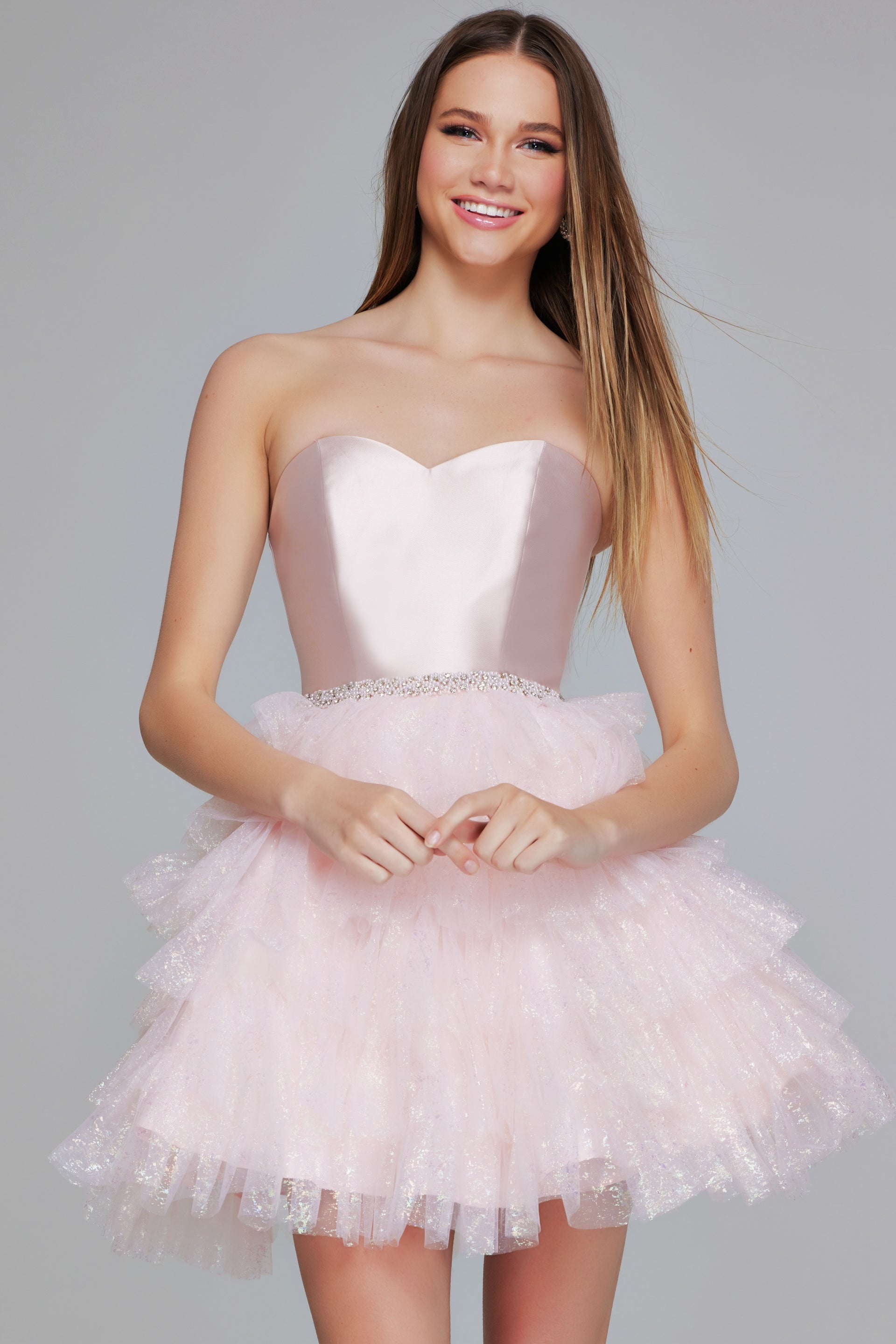 Strapless Mini Satin Tulle Homecoming Ball Gown Jovani K39310
