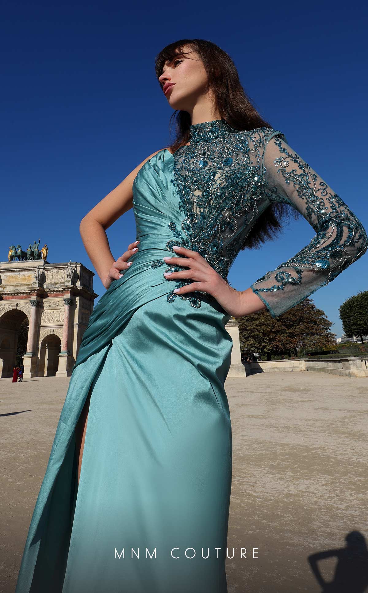 One-Shoulder Floor-Length Satin Evening Sheath MNM Couture K4017