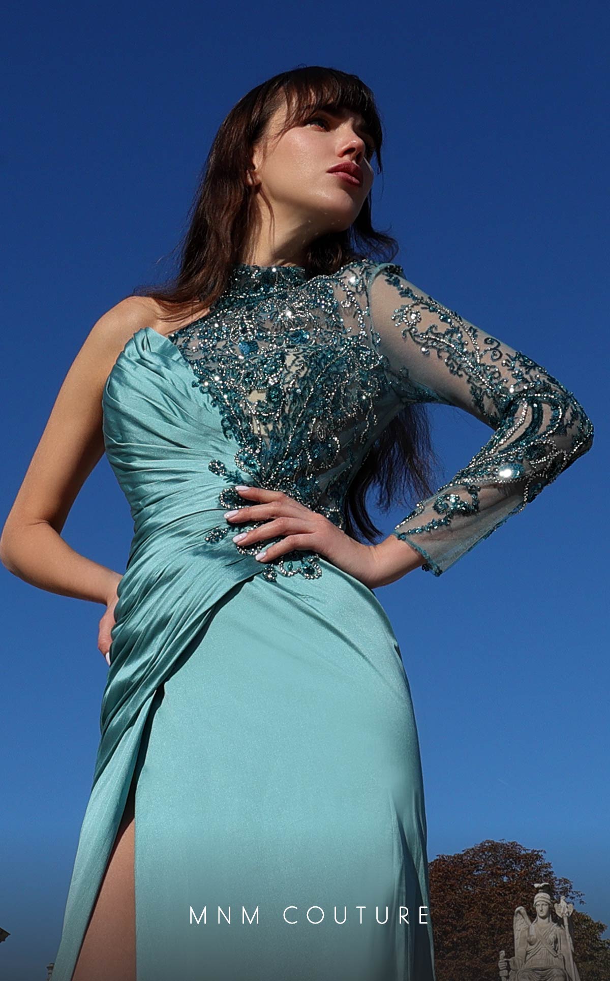 One-Shoulder Floor-Length Satin Evening Sheath MNM Couture K4017
