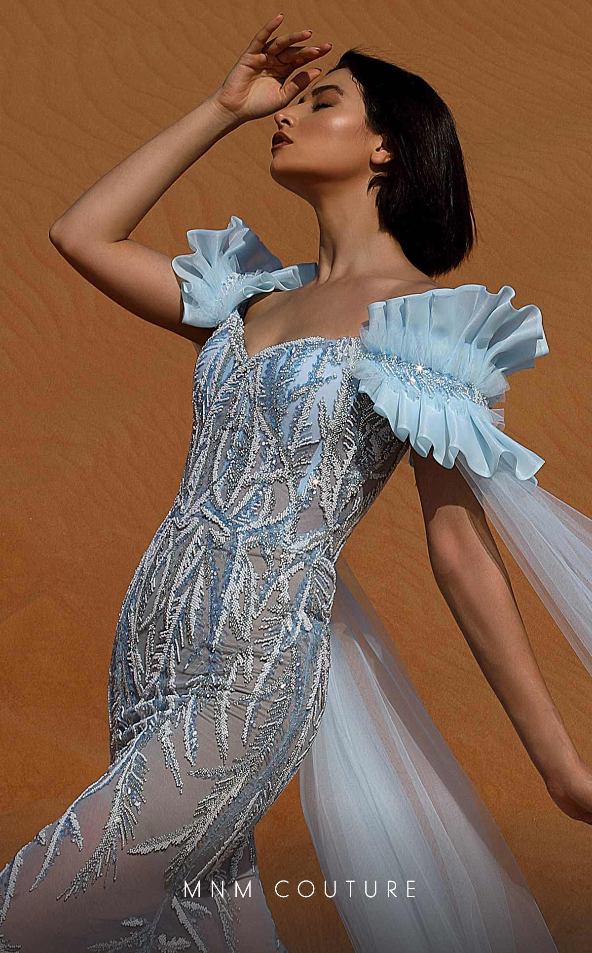 Formal Dresses Long Fitted Evening Gown Beaded Ruffle Formal Dress Blue