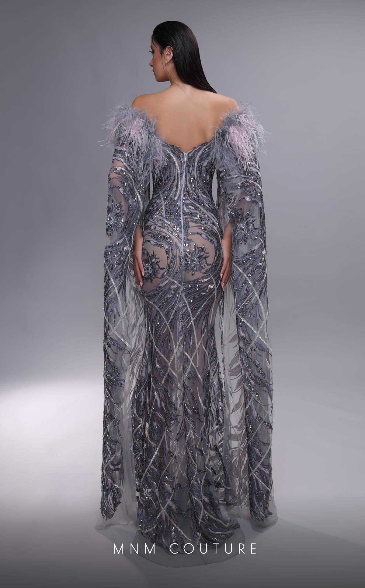 Formal Dresses Beaded Long Formal Cape Sleeve Evening Dress Grey