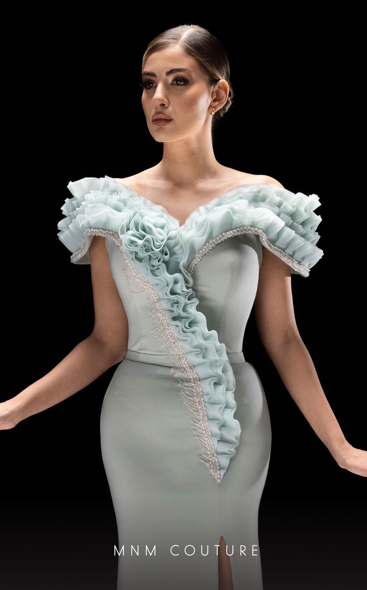 Prom Dresses Ruffle Beaded Long Formal Prom Dress Aqua