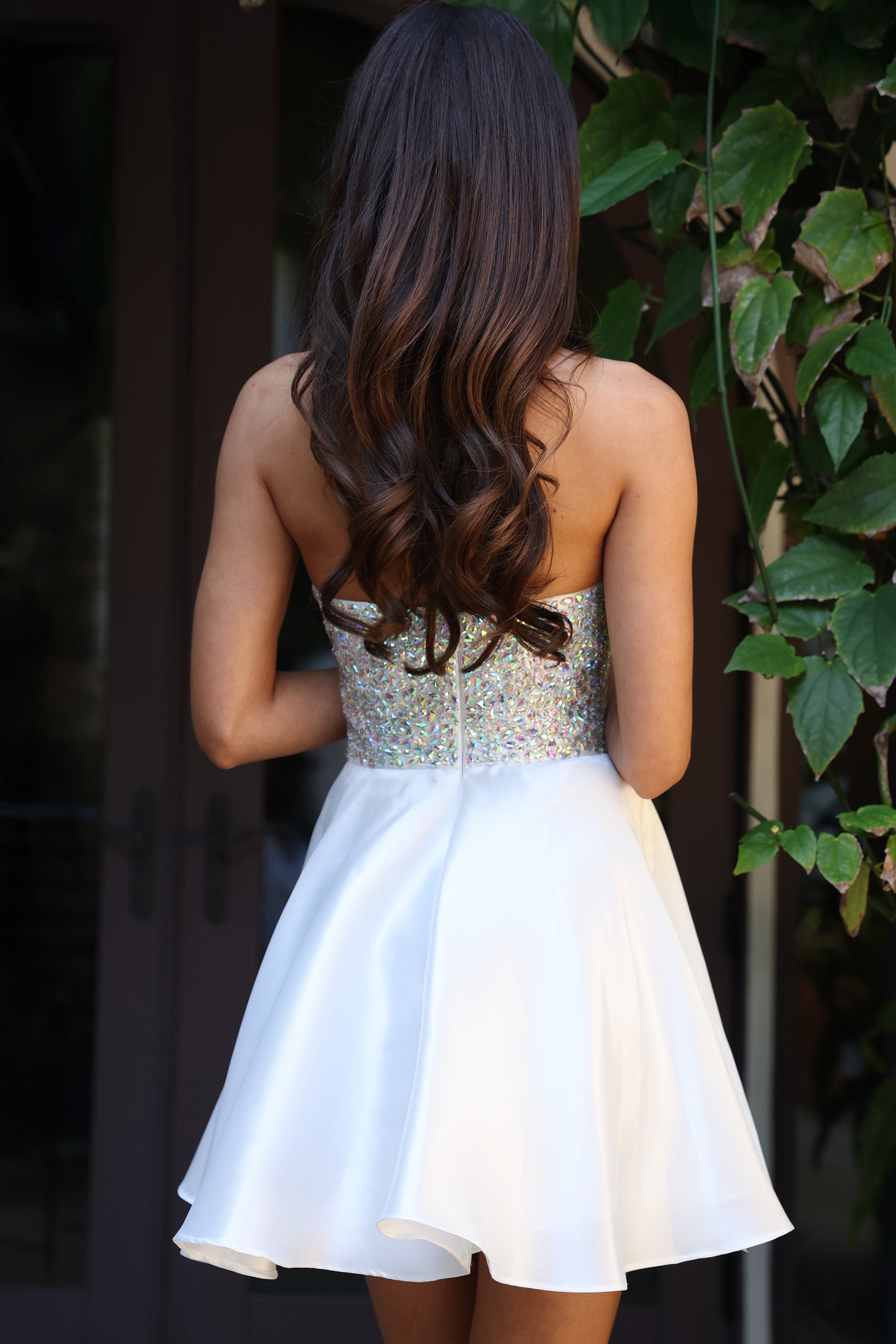 Off White Strapless Short Satin Cocktail Dress with Beaded Bodice and Fit and Flare Skirt Jovani K46834