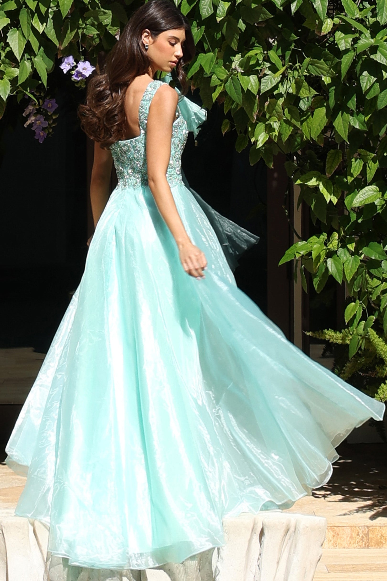 Mint/Green Square Neck Floor-Length Tulle Prom Ball Gown with Embellished Lace Bodice Jovani K48130