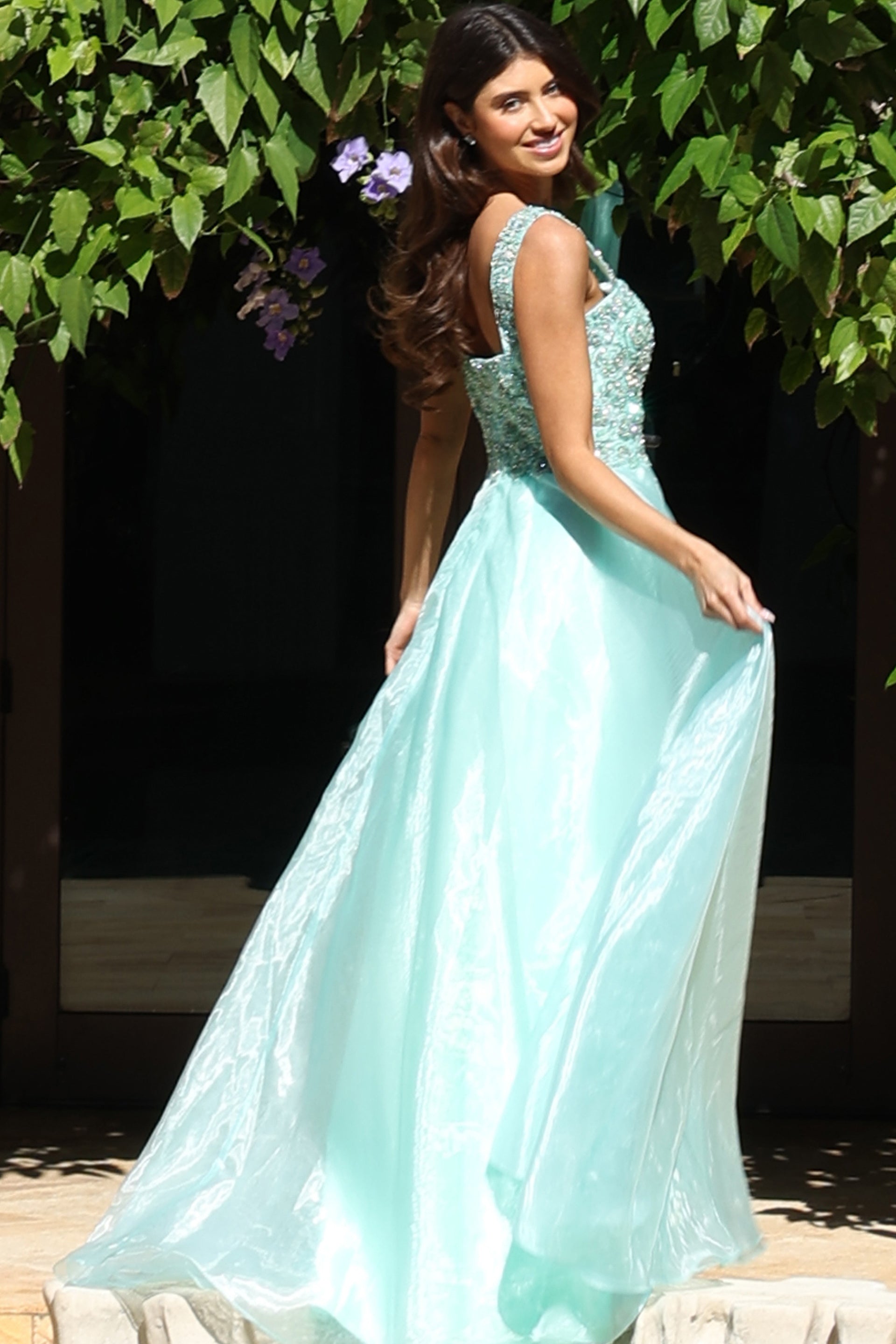 Mint/Green Square Neck Floor-Length Tulle Prom Ball Gown with Embellished Lace Bodice Jovani K48130