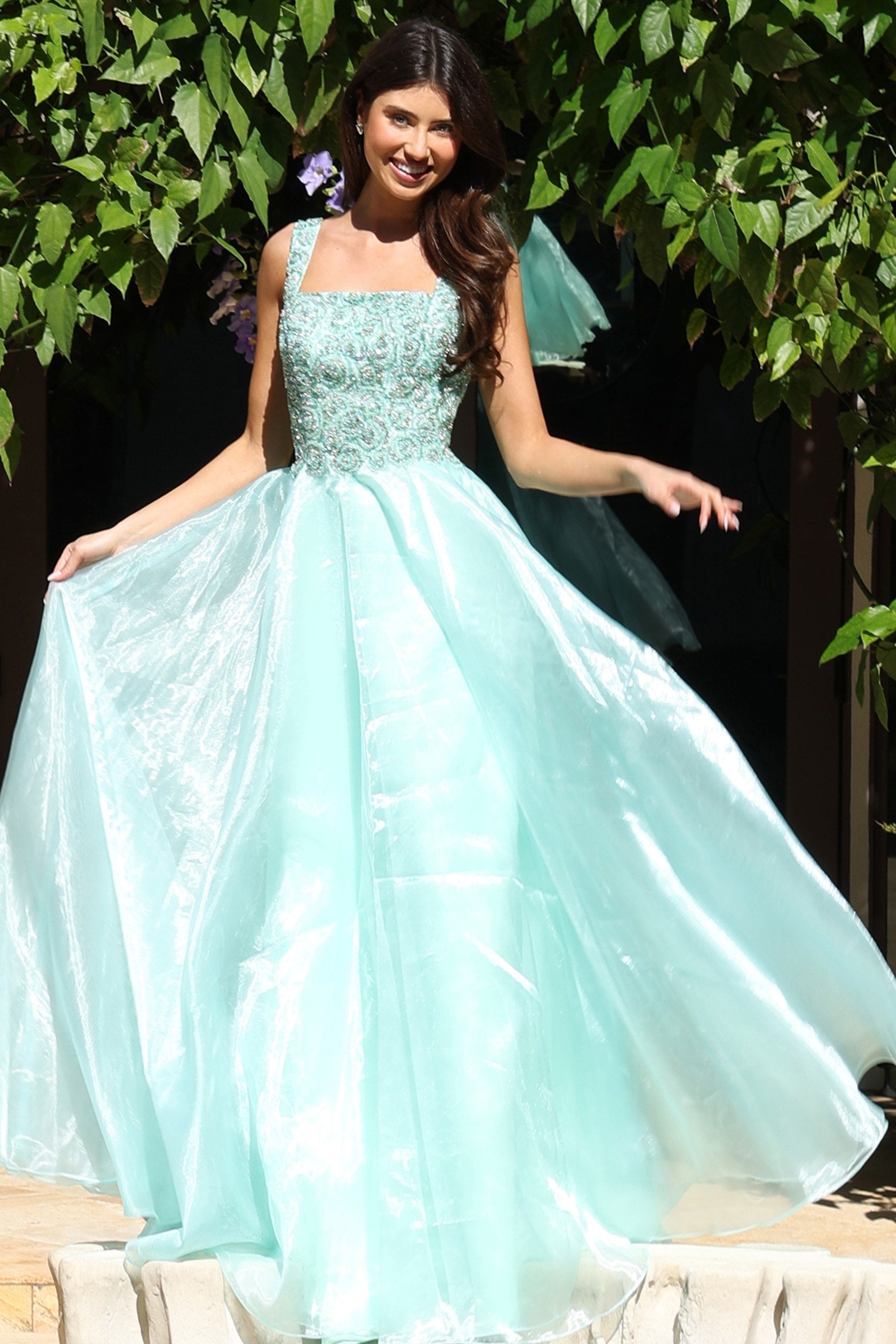 Mint/Green Square Neck Floor-Length Tulle Prom Ball Gown with Embellished Lace Bodice Jovani K48130