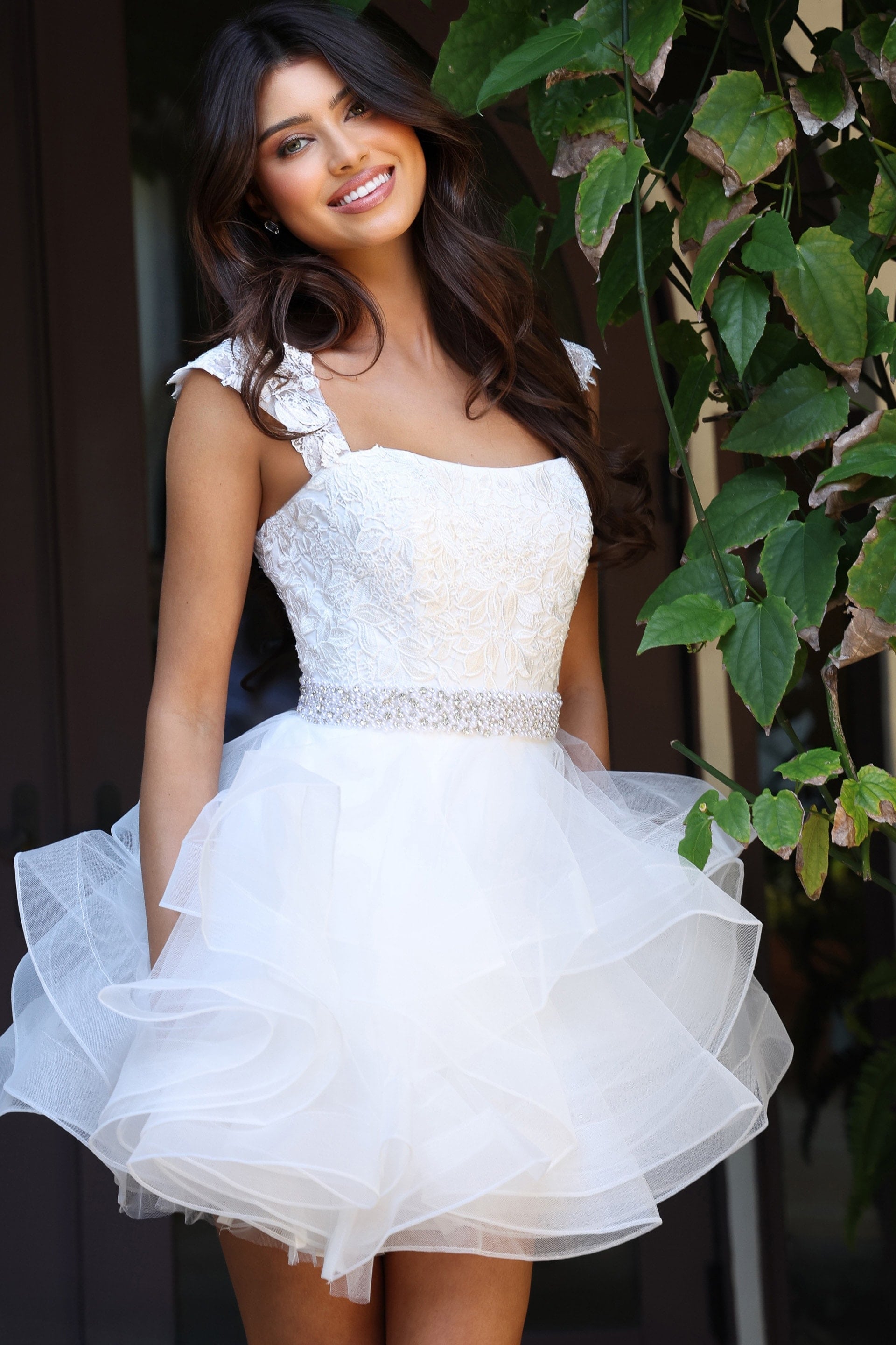 Off White Square Neck Above-Knee Tulle and Lace Wedding Dress with Tiered Ruffle Skirt Jovani K51611