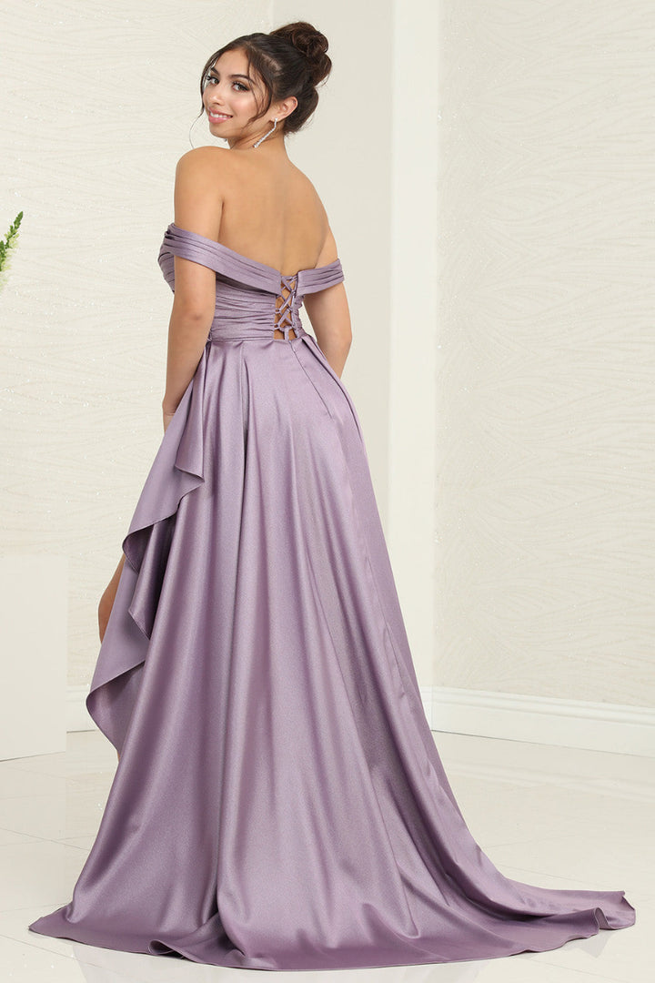 Off-the-Shoulder Floor-Length with Train Satin Prom A-Line May Queen 2056