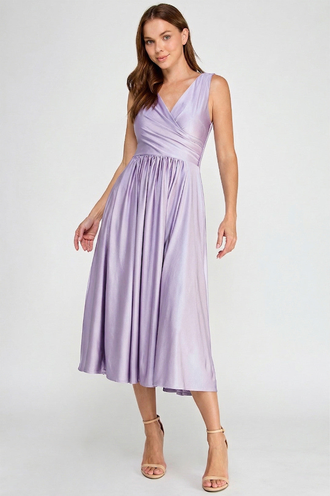 V-Neck Midi Satin Cocktail A-Line Lenovia 3131