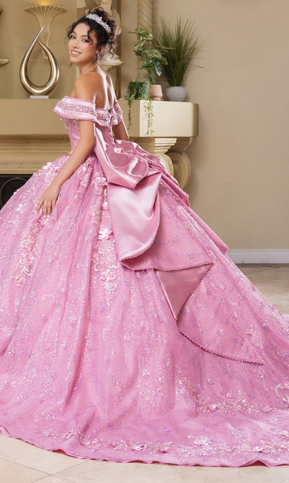 Off-the-Shoulder Floor-Length with Train Tulle Quinceañera Ball Gown May Queen LK277