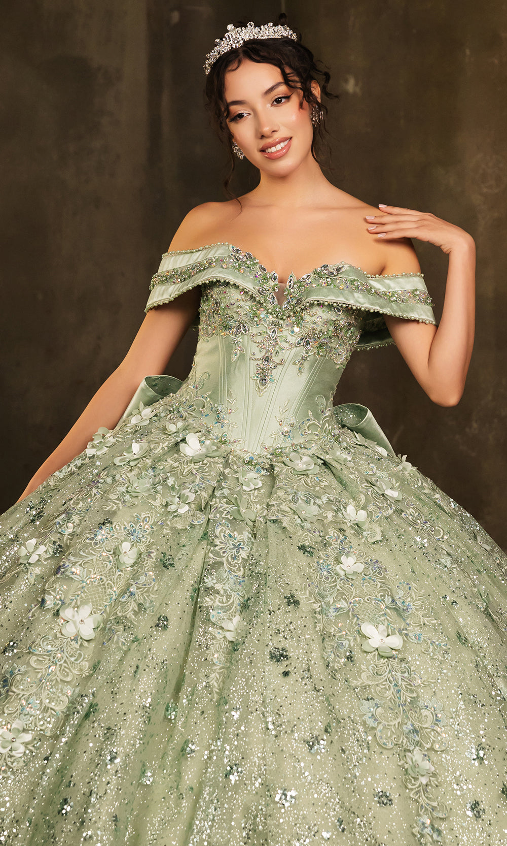 Off-the-Shoulder Floor-Length with Train Tulle Quinceañera Ball Gown May Queen LK277