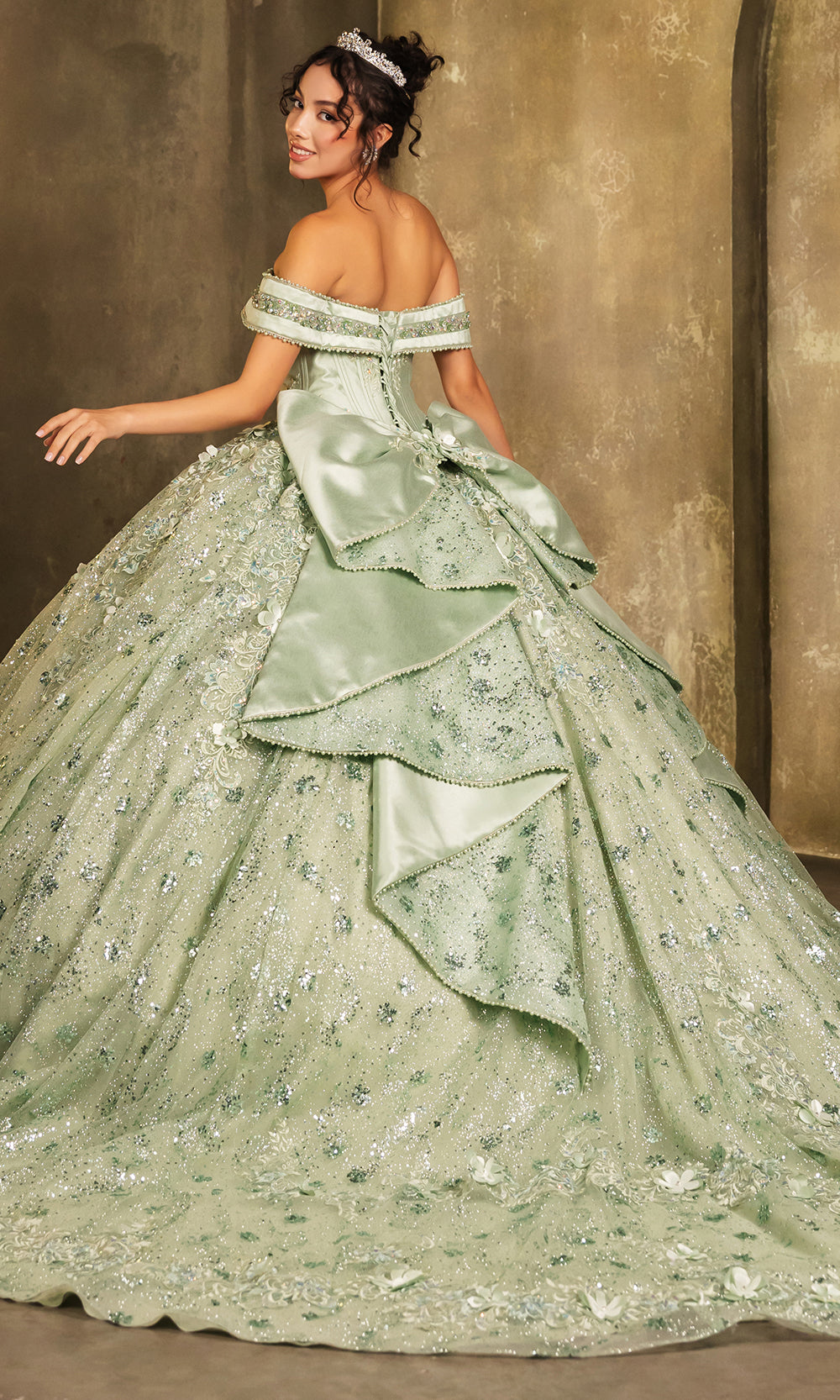Off-the-Shoulder Floor-Length with Train Tulle Quinceañera Ball Gown May Queen LK277