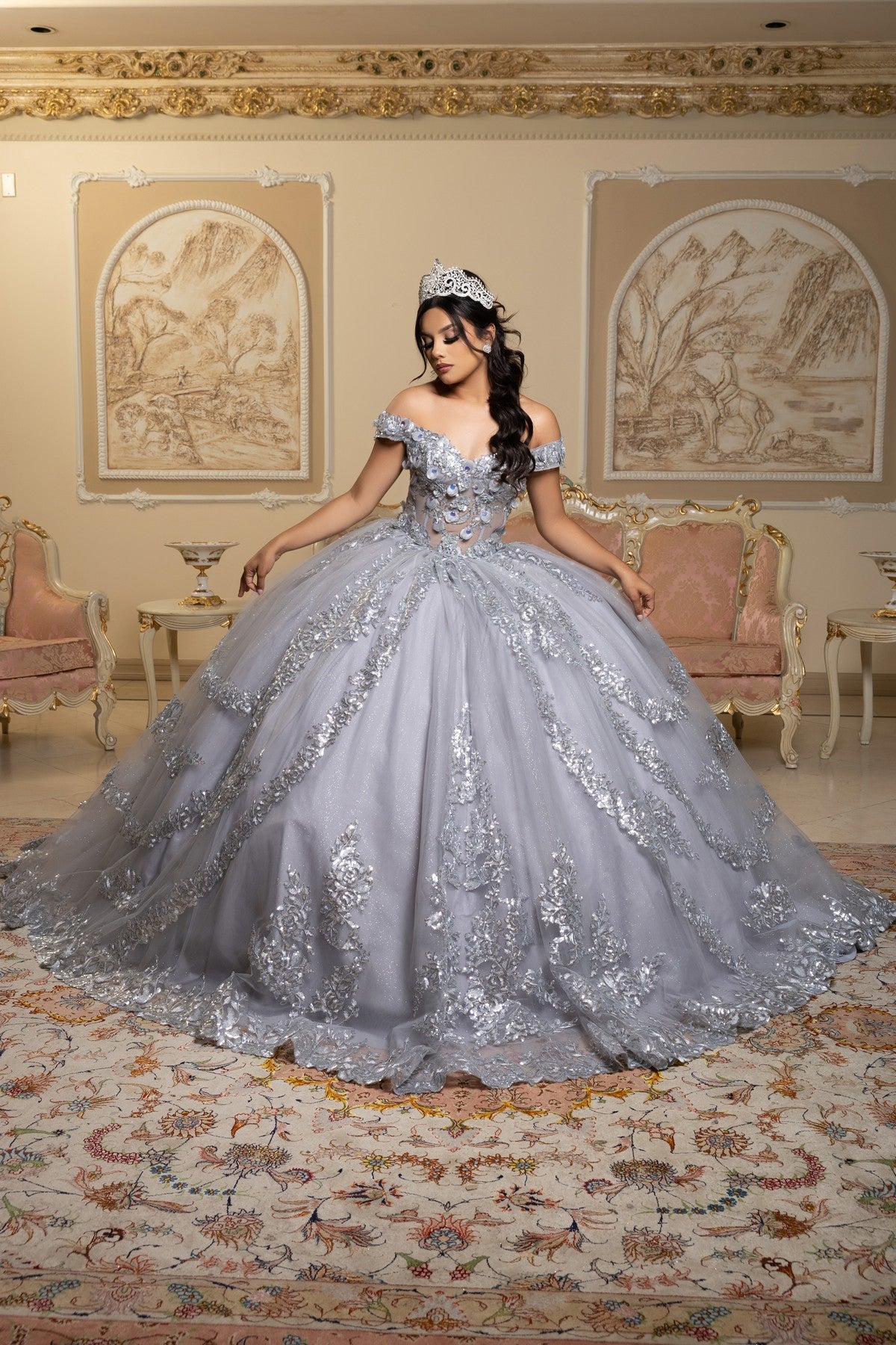 Off-the-Shoulder Floor-Length Tulle Quinceañera Ball Gown May Queen LK285