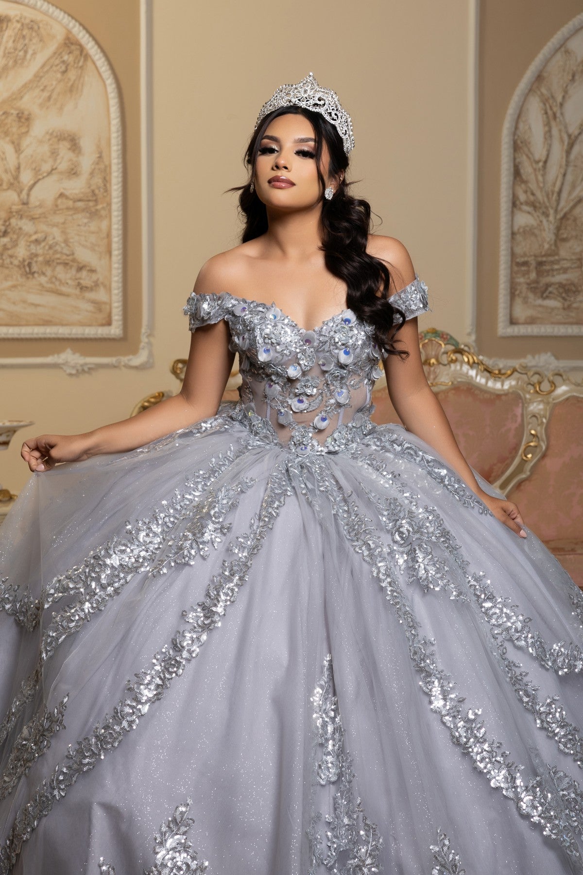 Off-the-Shoulder Floor-Length Tulle Quinceañera Ball Gown May Queen LK285