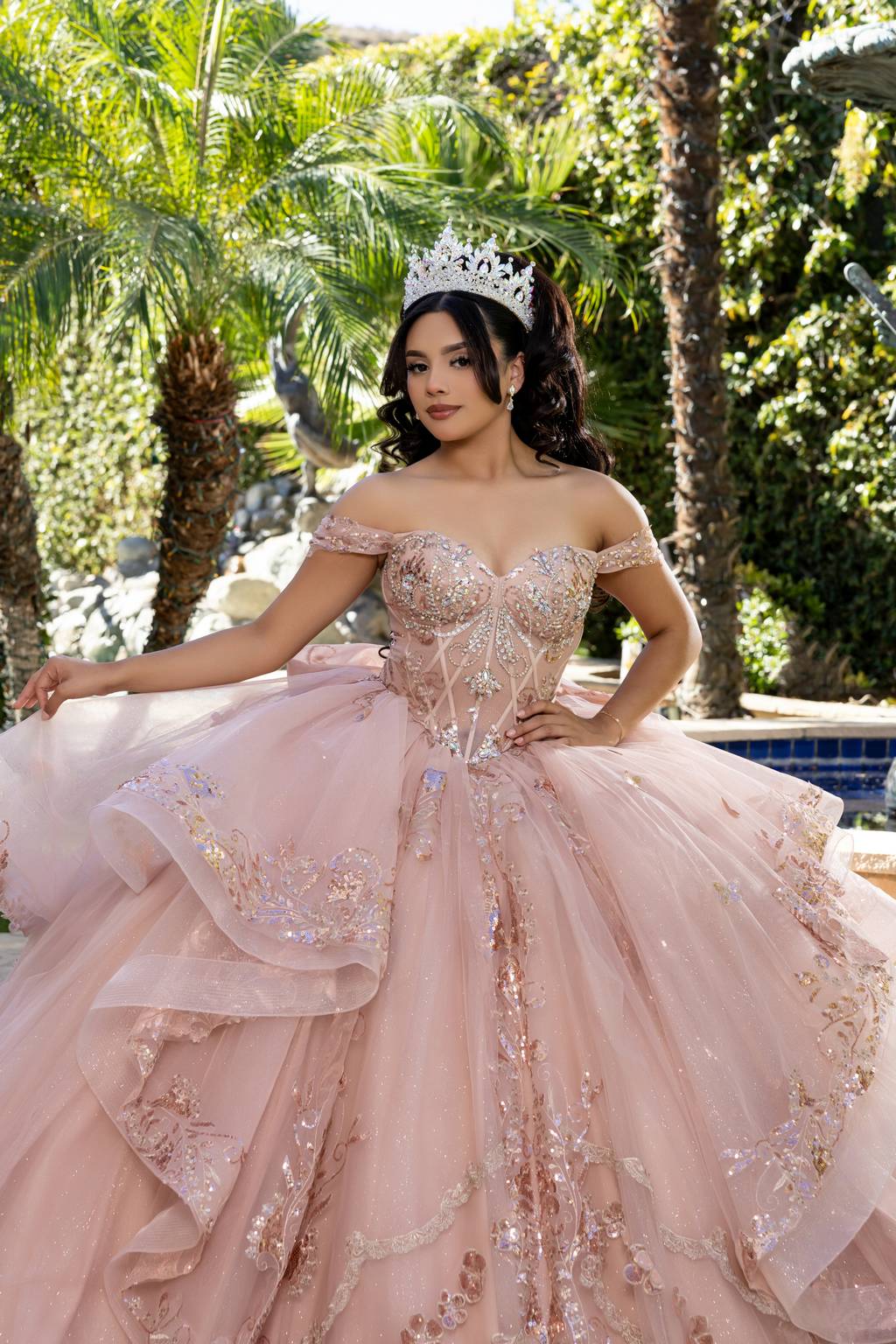 Off-the-Shoulder Floor-Length with Train Tulle Quinceañera Ball Gown May Queen LK293