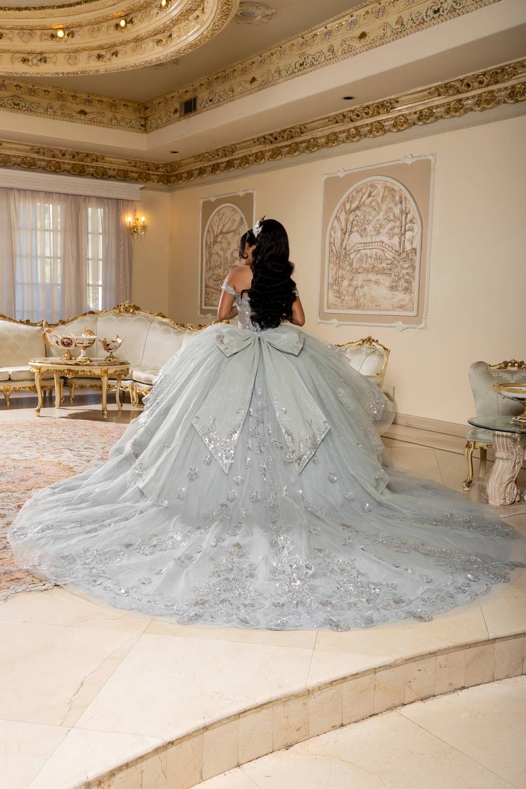 Off-the-Shoulder Floor-Length with Train Tulle Quinceañera Ball Gown May Queen LK293