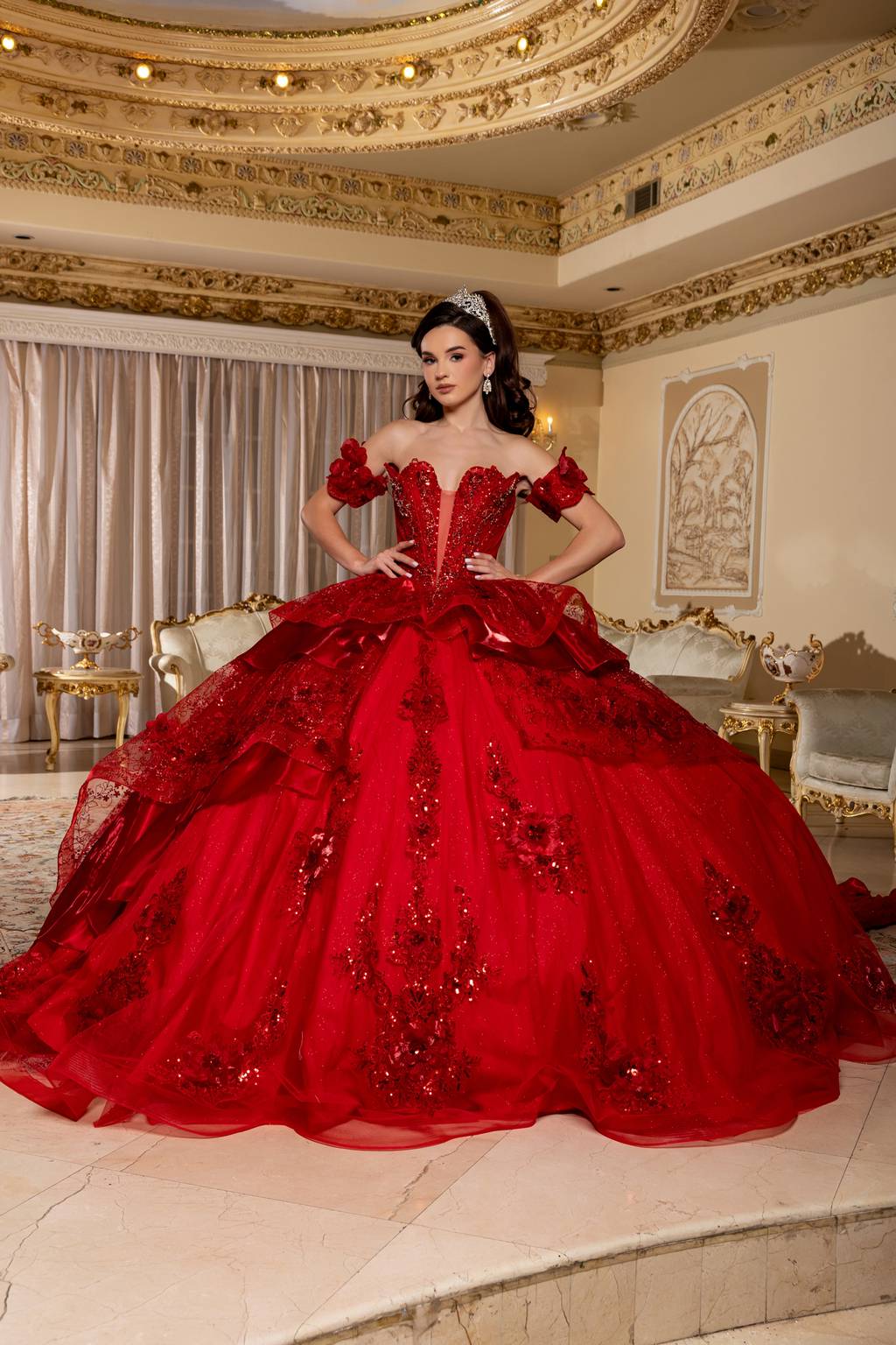 Off-the-Shoulder Floor-Length with Train Tulle Quinceañera Ball Gown May Queen LK295