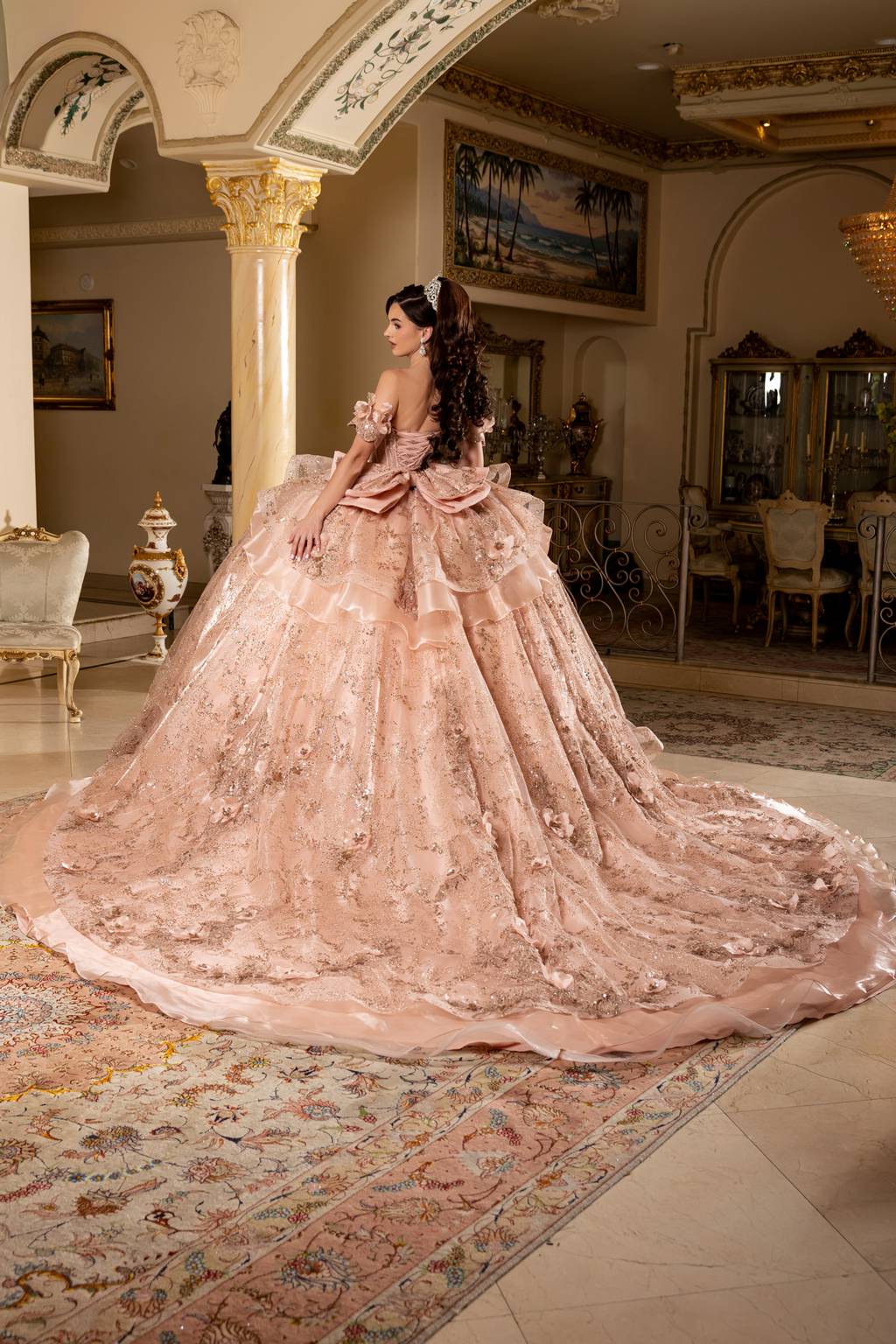 Off-the-Shoulder Floor-Length with Train Tulle Quinceañera Ball Gown May Queen LK295