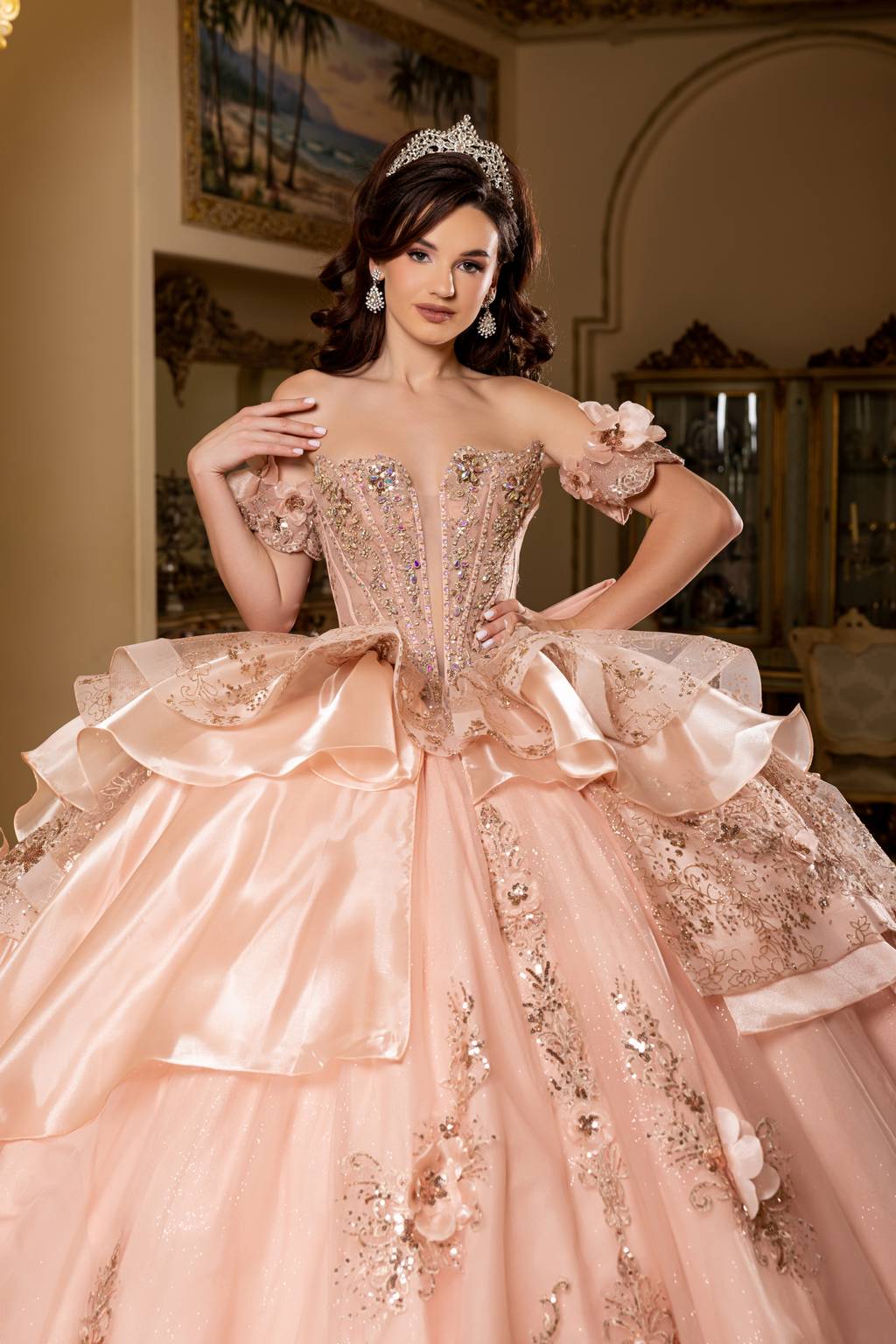 Off-the-Shoulder Floor-Length with Train Tulle Quinceañera Ball Gown May Queen LK295