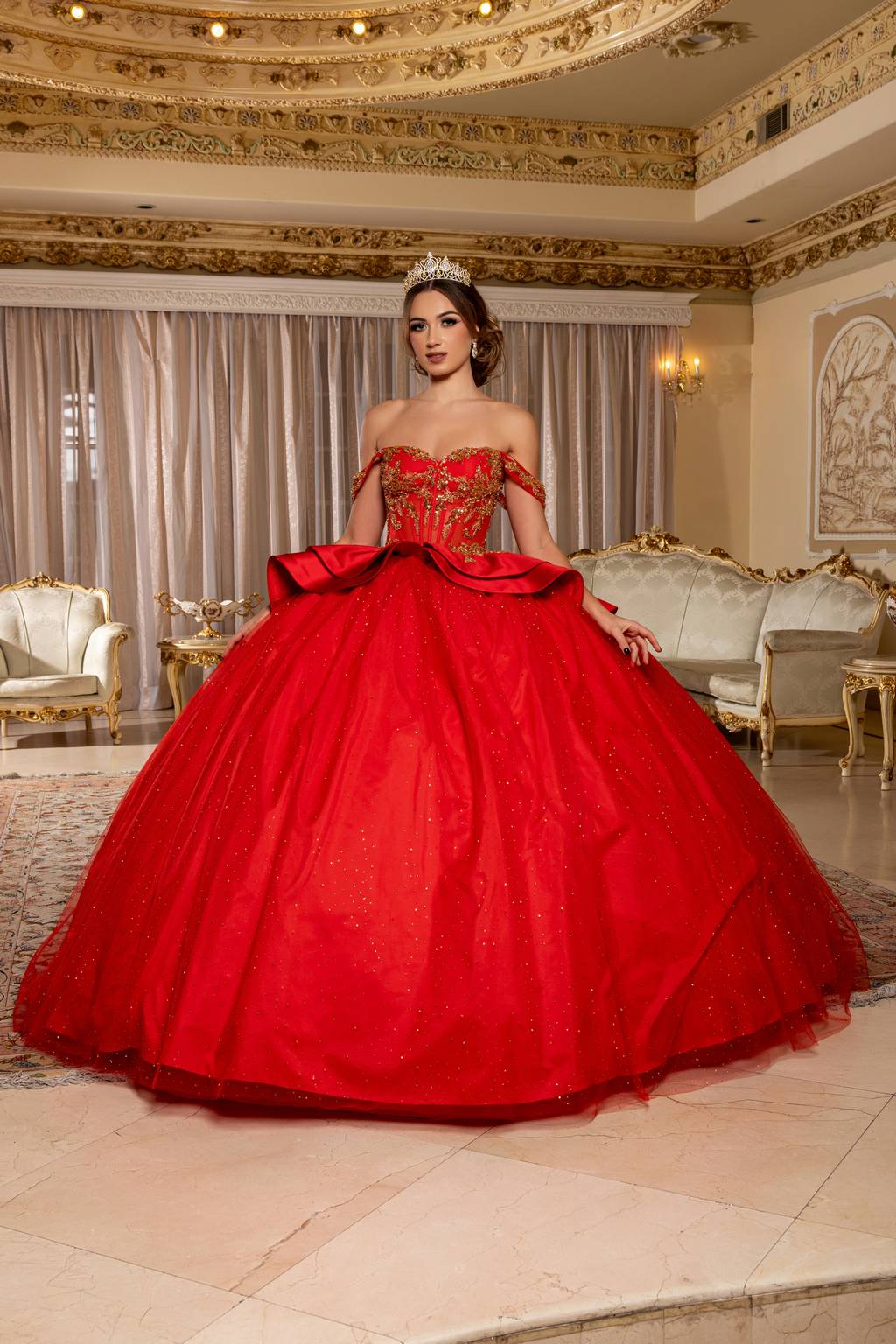 Off-the-Shoulder Floor-Length Tulle Quinceañera Ball Gown May Queen LK301