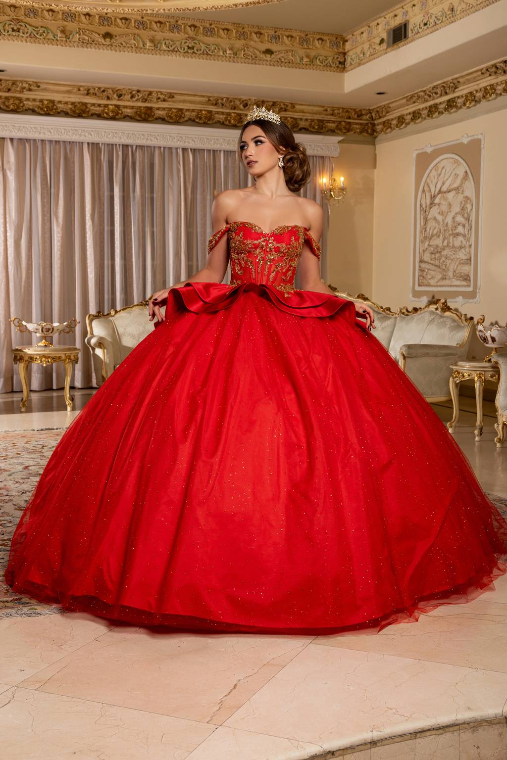 Off-the-Shoulder Floor-Length Tulle Quinceañera Ball Gown May Queen LK301
