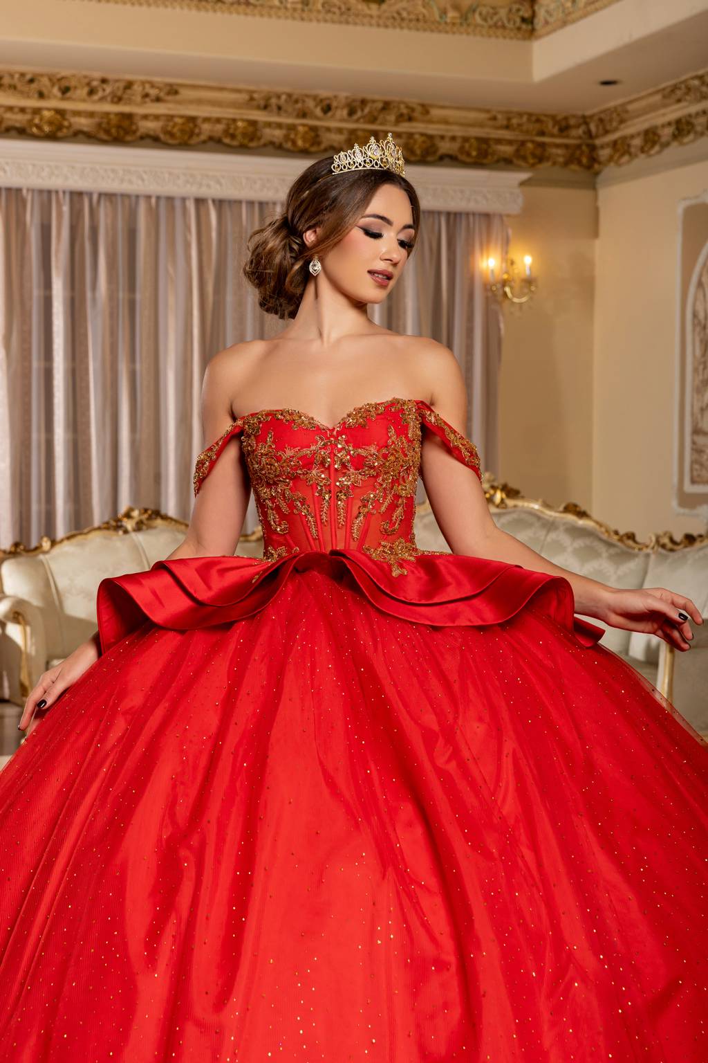Off-the-Shoulder Floor-Length Tulle Quinceañera Ball Gown May Queen LK301