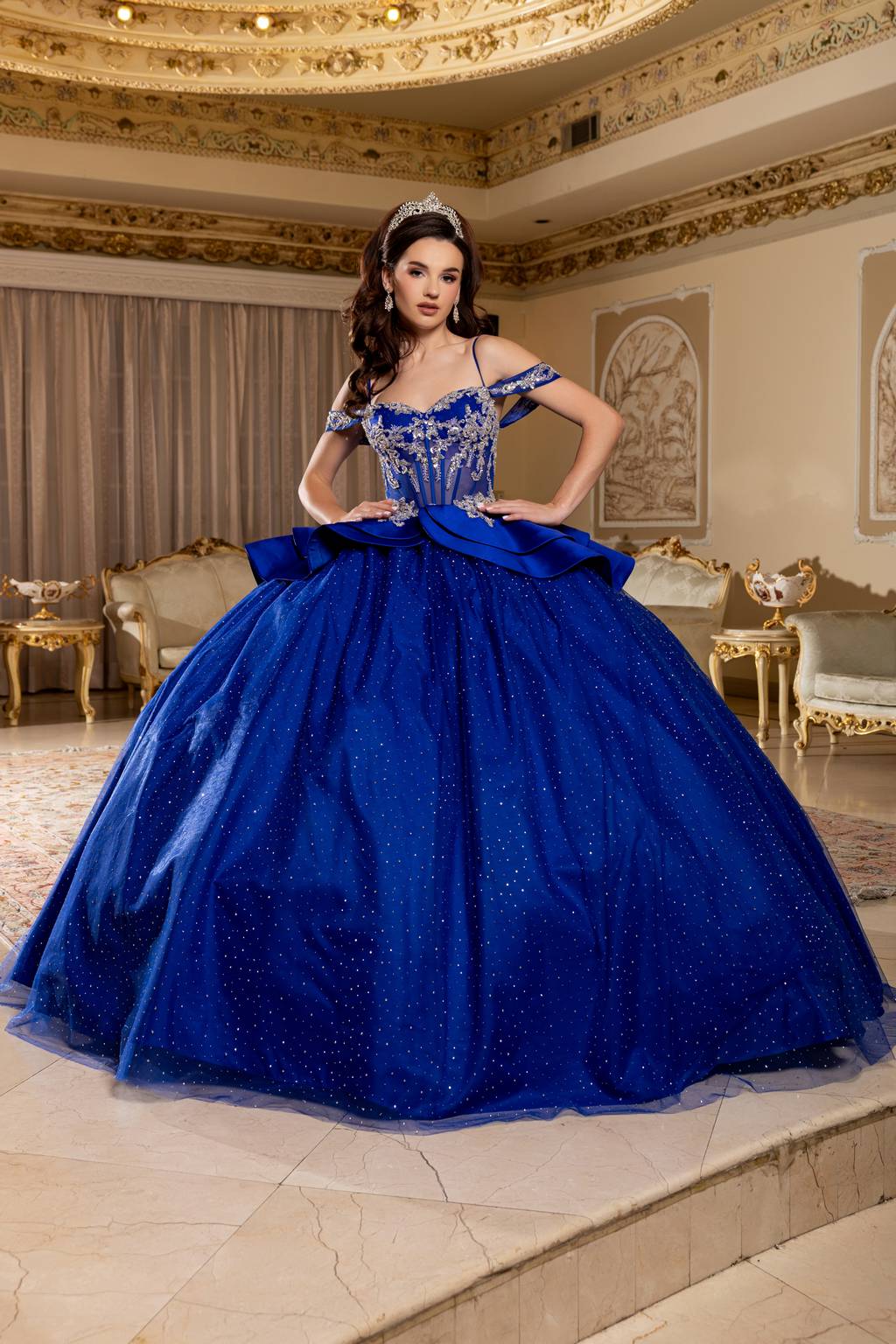 Off-the-Shoulder Floor-Length Tulle Quinceañera Ball Gown May Queen LK301