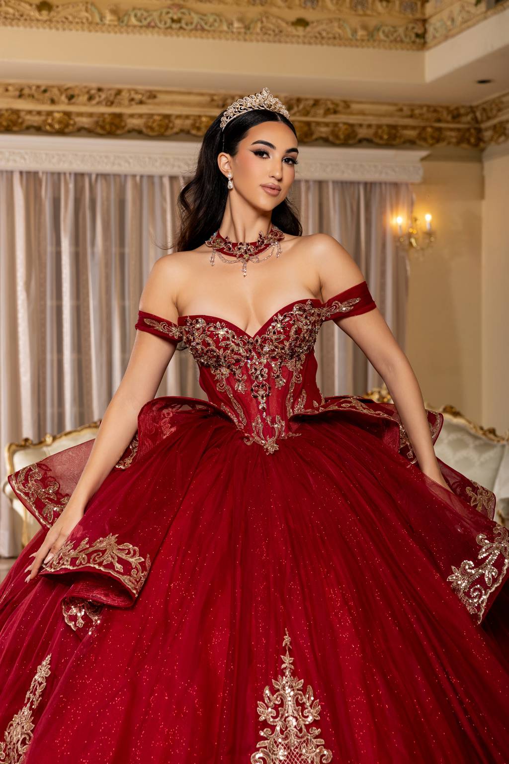 Off-the-Shoulder Floor-Length Tulle Quinceañera Ball Gown May Queen LK303