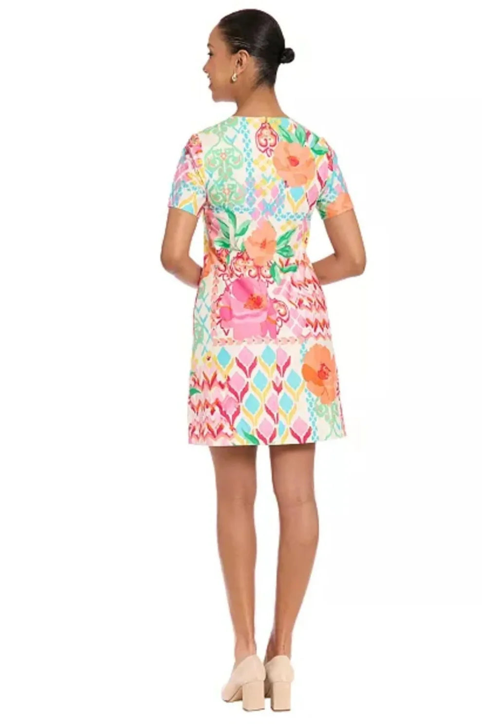 White and Pink Floral V Neck Pleated Midi Dress London Times T10327M