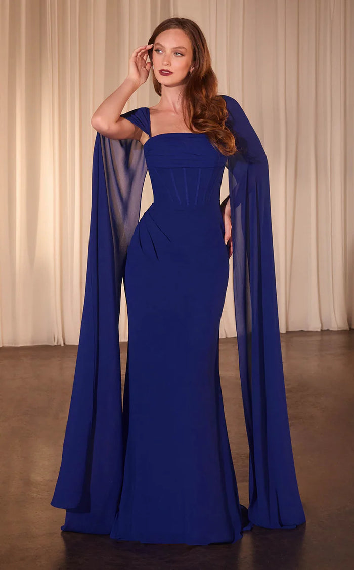 LaDivine CD356 Long Fitted Formal Cape Dress