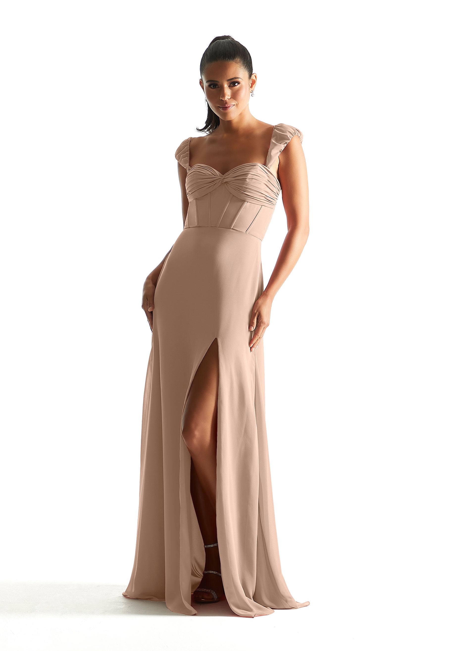 Formal Dresses Formal Long Corset Slit Dress Latte-Chiffon-21855-Corset